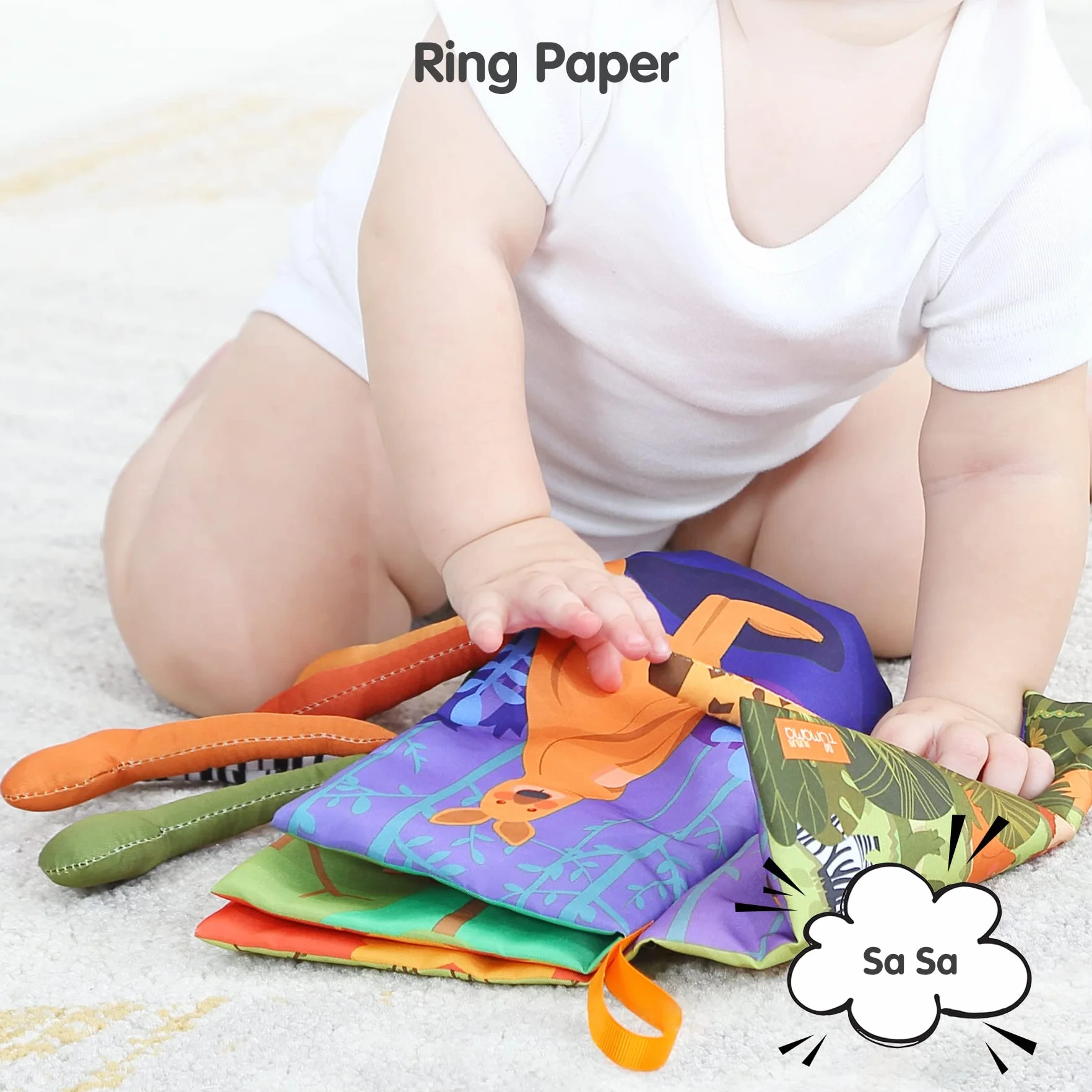 TUMAMA KIDS Baby Clolth Dierenboek, Książki z tkaniny, sensoryczna książka miękkie zabawki 3D ogony dżungli, piszczący i marszczący dźwięk, Książka do kąpieli wczesna nauka 0-3-6-9-12-18 miesięcy