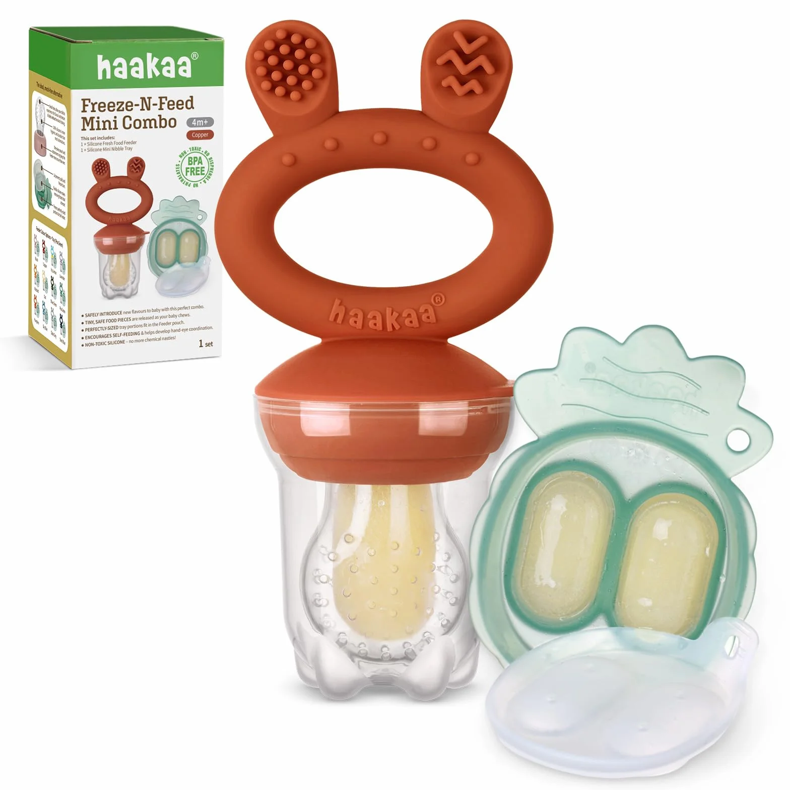 Haakaa Podajnik owoców dla niemowląt, Formy do popsicle z mlekiem matki, silikonowy podajnik bez BPA do bezpiecznego samodzielnego karmienia niemowląt, 4 miesiące +czerwony