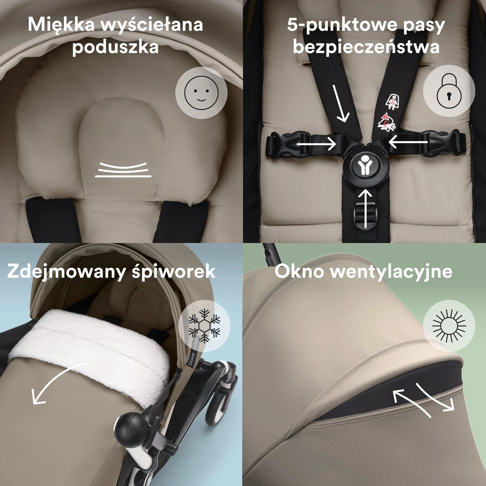 Wózek Stokke YOYO3 z zestawem dla noworodka - zawiera czarną ramę, zestaw kolorowy 6+ (Taupe) i zestaw dla noworodka 0+ (Taupe)