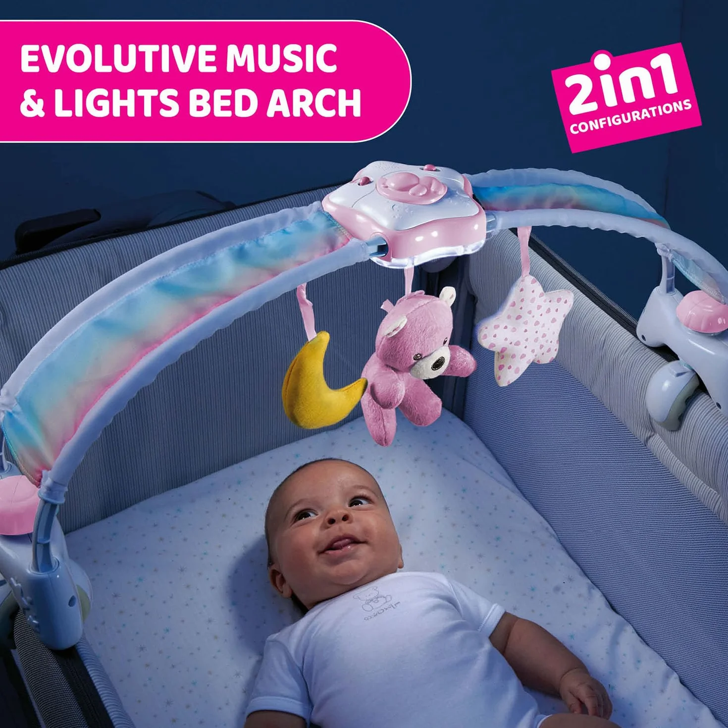 Chicco Panel na Łóżeczko Rainbow Sky 2w1 Kompatybilny z Next2Me, Panel Rainbow Sky Baby i Lampka Nocna dla Dzieci z Ralaksacyjną Muzyką - Zabawki dla Niemowląt 0 m+, Różowy