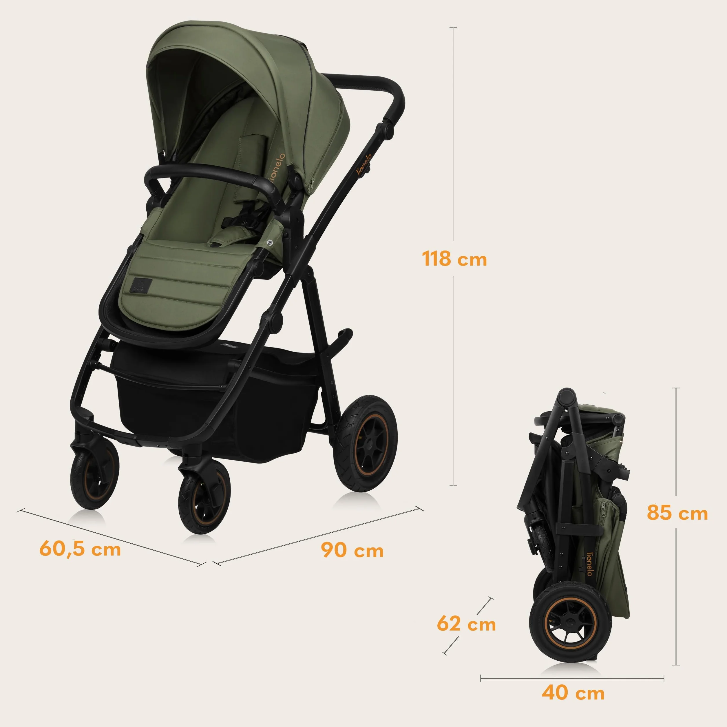 LIONELO AMBER PLUS 3 w 1 Wielofunkcyjny Wózek Dziecięcy od 0 do 4 lat do 22kg z Gondolą XL, Fotelik Samochodowy do 13 kg, Regulacja Oparcia, Duże Terenowe Koła 360o Budka XXL