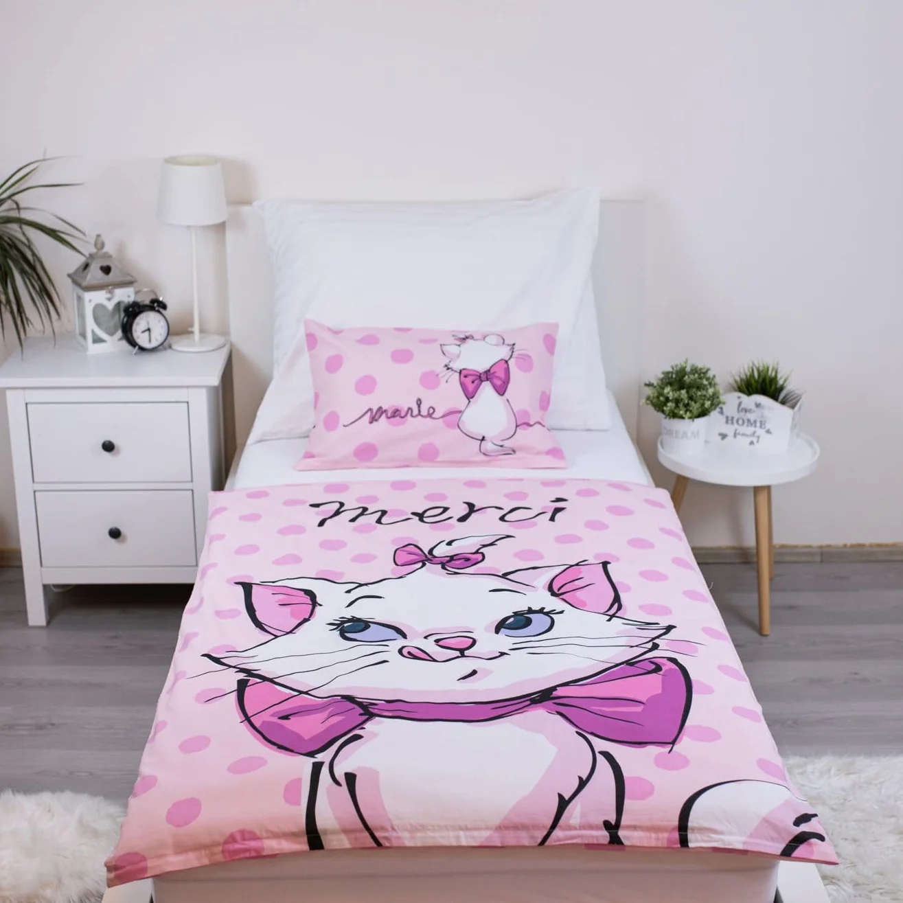 Jerry Fabrics Marie Aristocats zestaw pościeli dla niemowląt, 100% bawełna, wzór Merci, poszewka na kołdrę 100 x 135 cm, poszewka na poduszkę 40 x 60 cm, kolor różowy