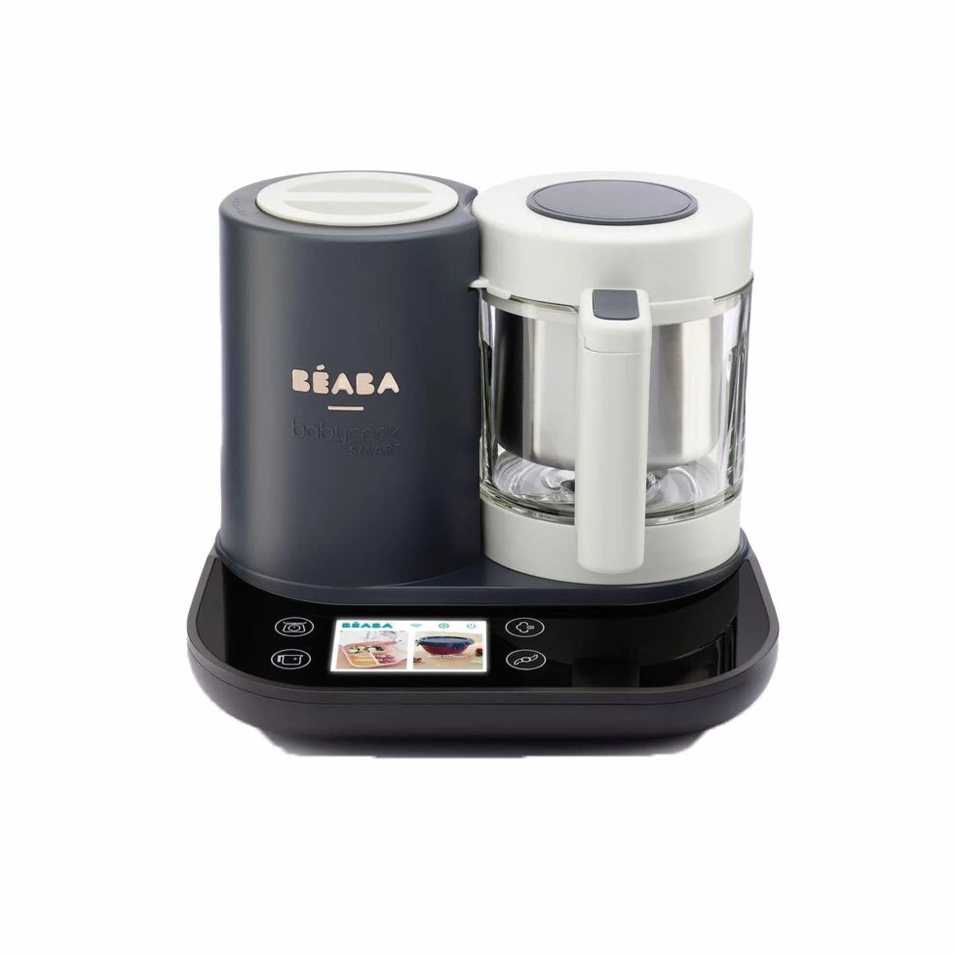 BEABA - Babycook Smart - Robot kuchenny połączony dla niemowląt - Zintegrowana waga - Szklana miska - Kosz ze stali nierdzewnej - Duża pojemność 2,25 l słodki parowy ekran dotykowy/dedykowany - Antracyt