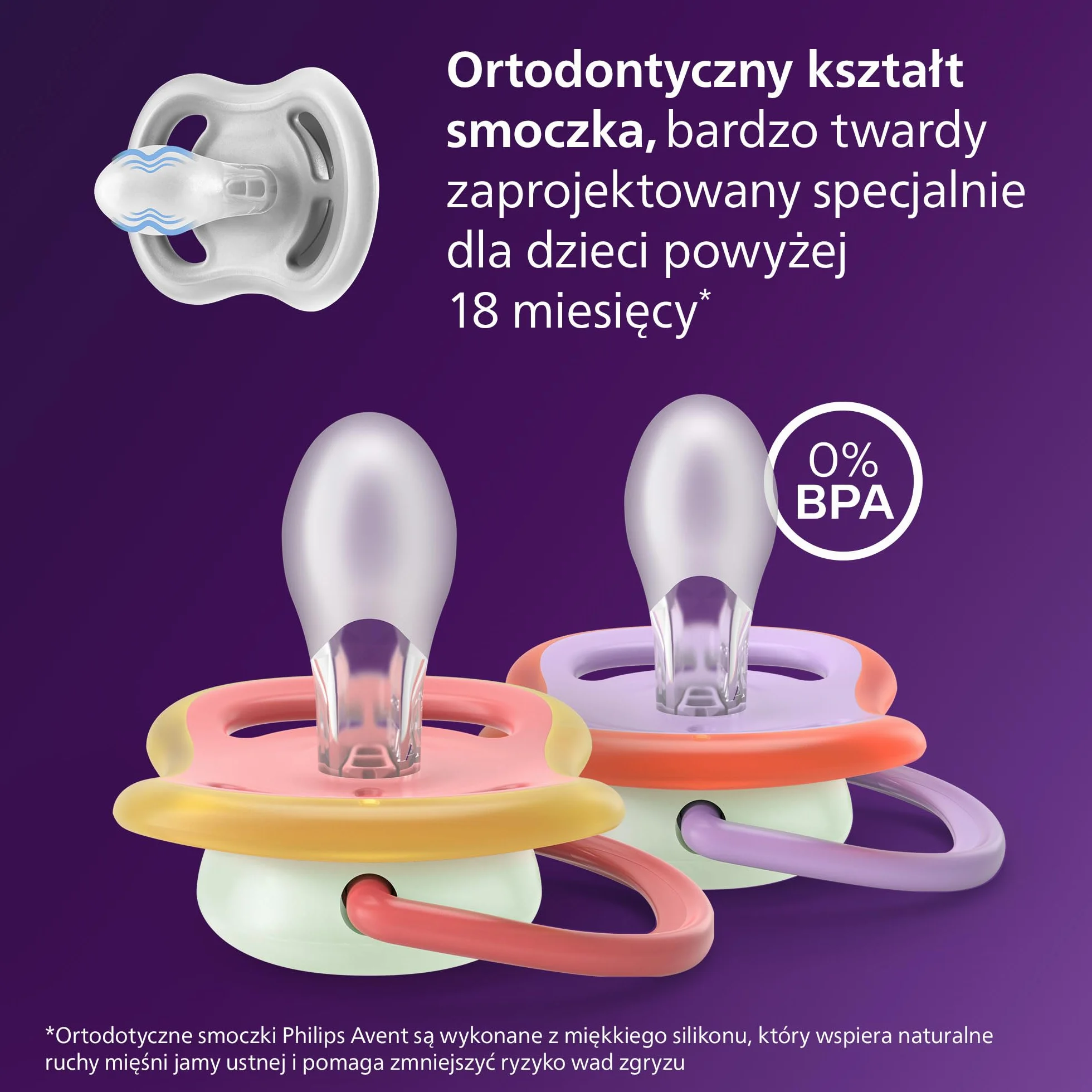 Philips Avent Ultra Air Nighttime Smoczki — ortodontyczny smoczek dla dzieci w wieku ponad 18 miesięcy, świecący w ciemności, wyjątkowo sztywna symetryczna silikonowa końcówka, 2 sztuki, SCF376/33