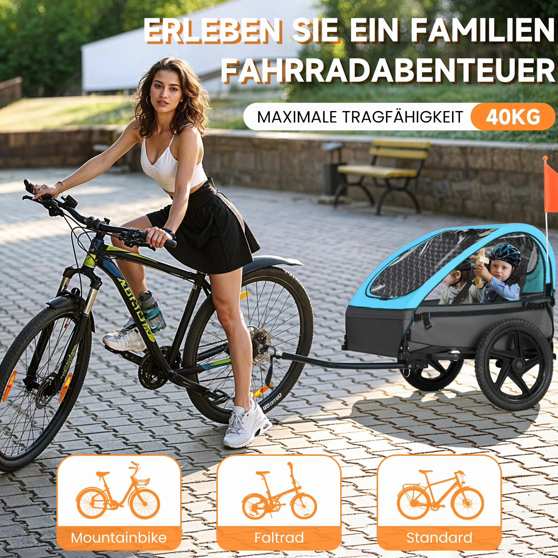 Przyczepa rowerowa dla dzieci 1-2 dzieci, ergonomiczne siedzisko, łatwy montaż, składana, z oponami pneumatycznymi i kieszeniami do przechowywania