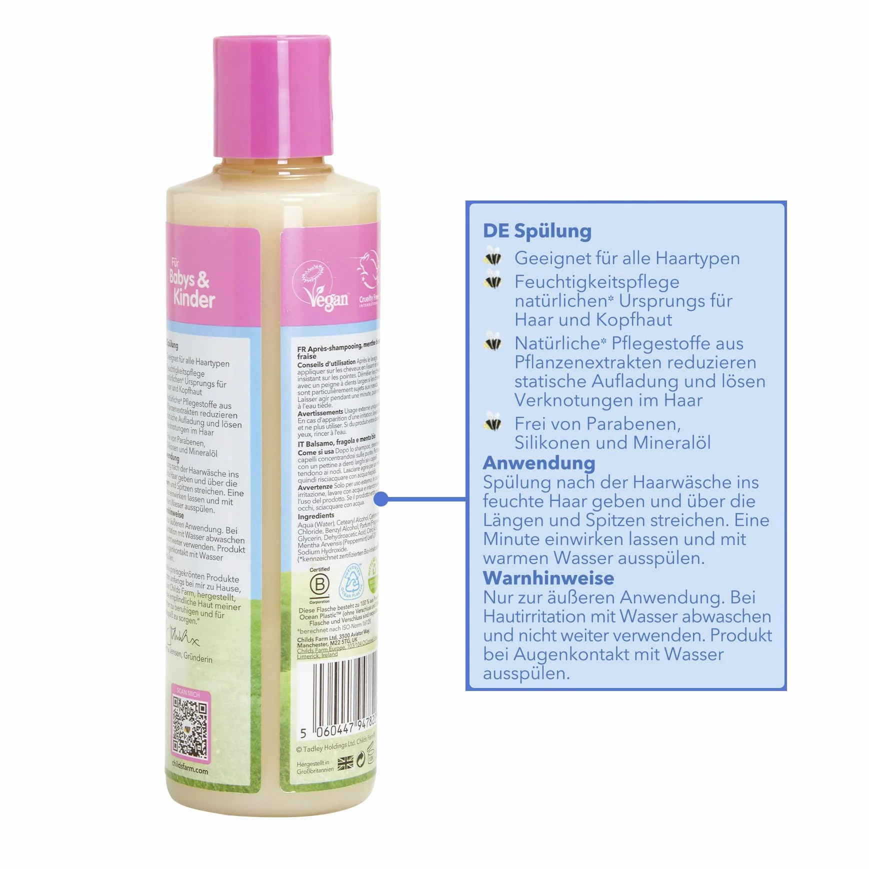 Childs Farm Odżywka dla dzieci 250 ml | truskawka i bio-mięta | wszystkie rodzaje włosów | pielęgnuje i odżywia | Nadaje się do skóry suchej, wrażliwej i skłonnej do atopowego zapalenia skóry