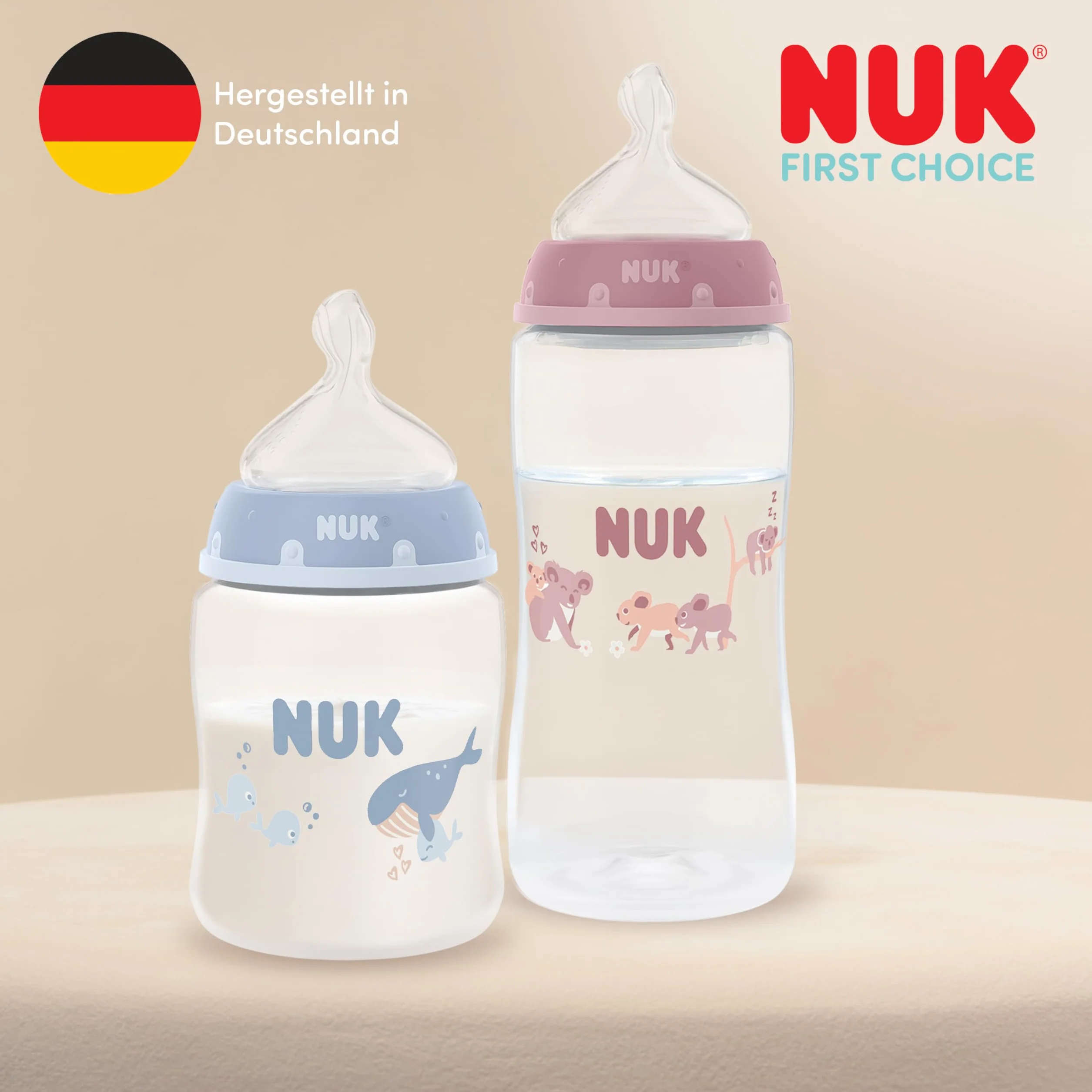 NUK First Choice Butelka dla niemowląt | 3+ miesiące | 300 ml | Butelka przeciwkolkowa | PP | Wskaźnik kontroli temperatury | Wieloryb | 1 sztuka