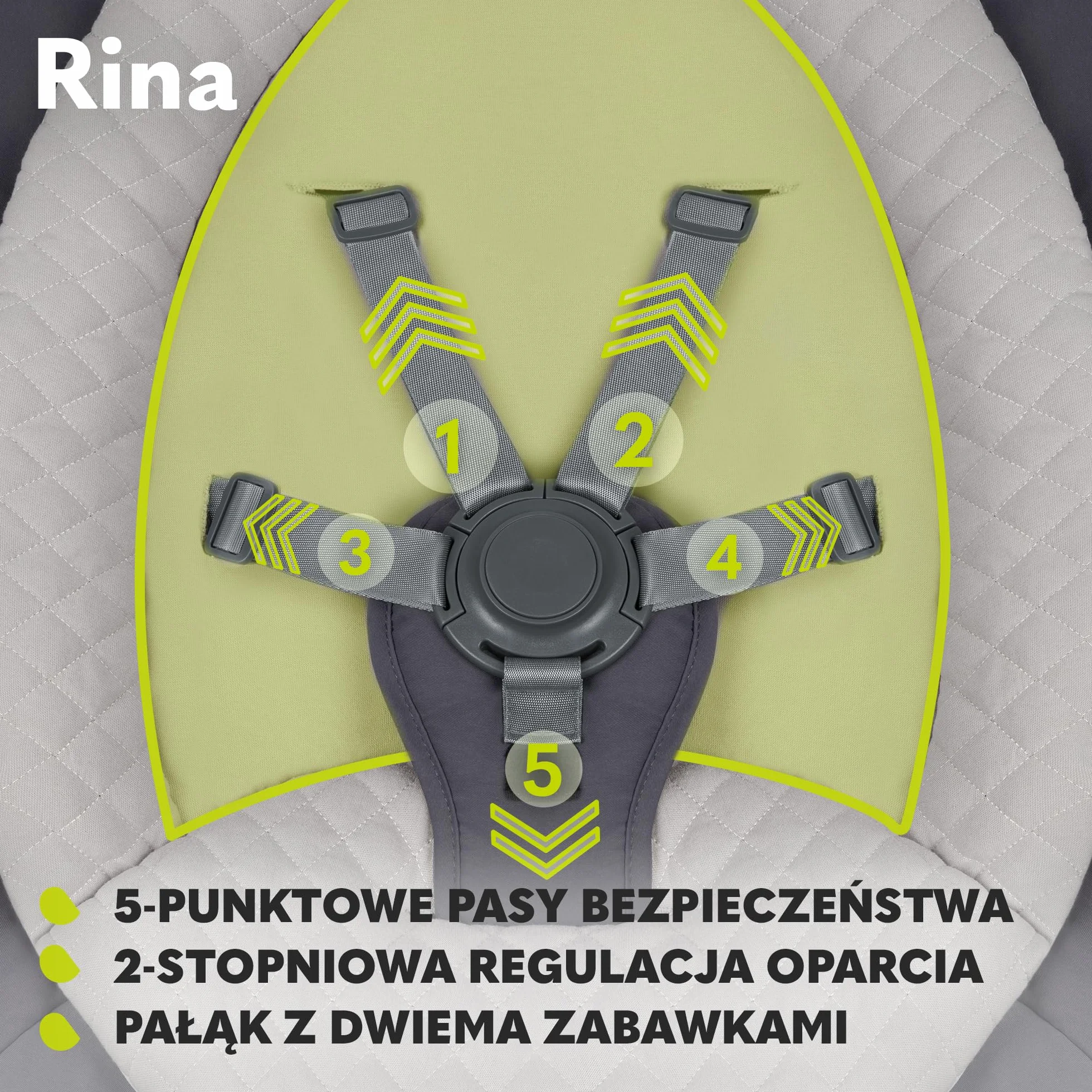 LIONELO Rina bujaczek i leżak 2w1, pilot, obrotowe siedzisko 360°, dwa kierunki bujania, 5 prędkości bujania, blokada, regulacja oparcia, timer, 12 melodii