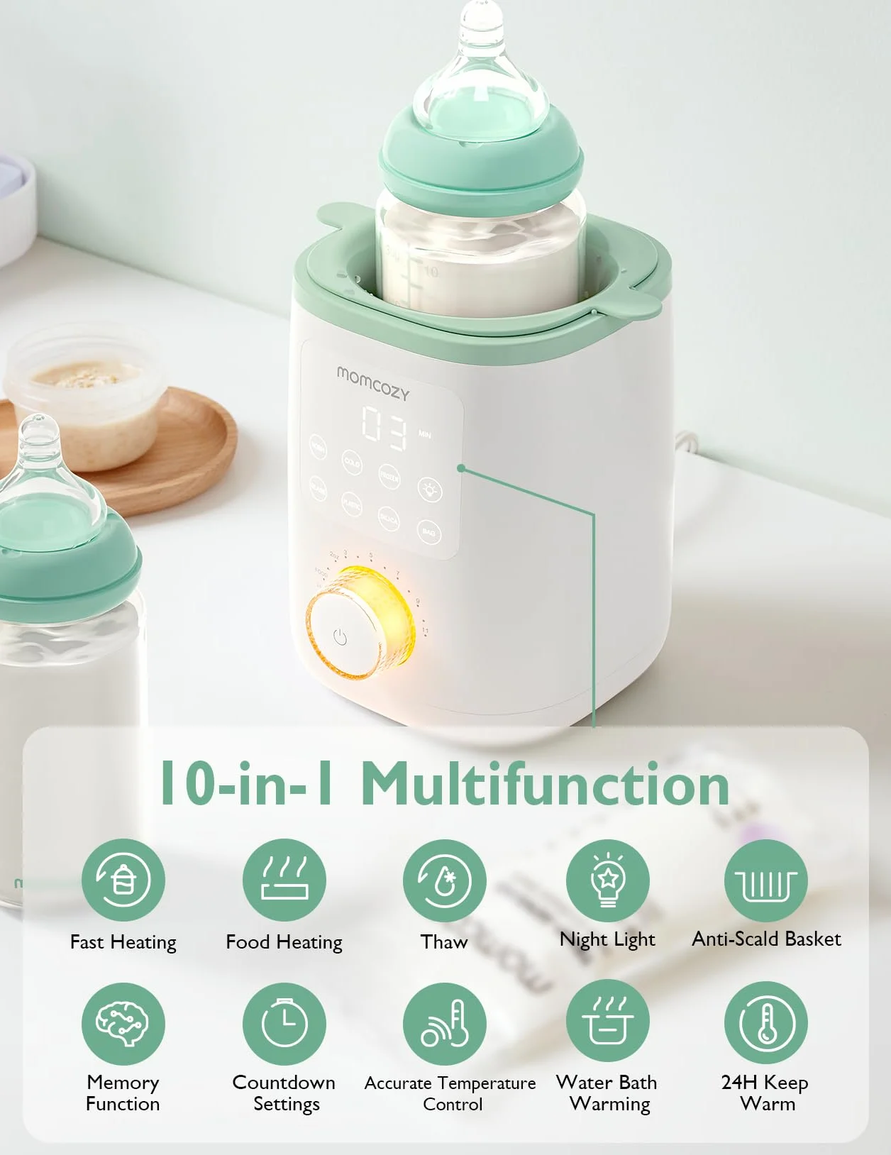 Momcozy Nutri, ogrzewacz do butelek dla niemowląt 9 w 1 z lampką nocną, dokładna regulacja temperatury, utrzymuje składniki odżywcze w mleku matki, do wszystkich butelek z mlekiem matki lub mieszanki