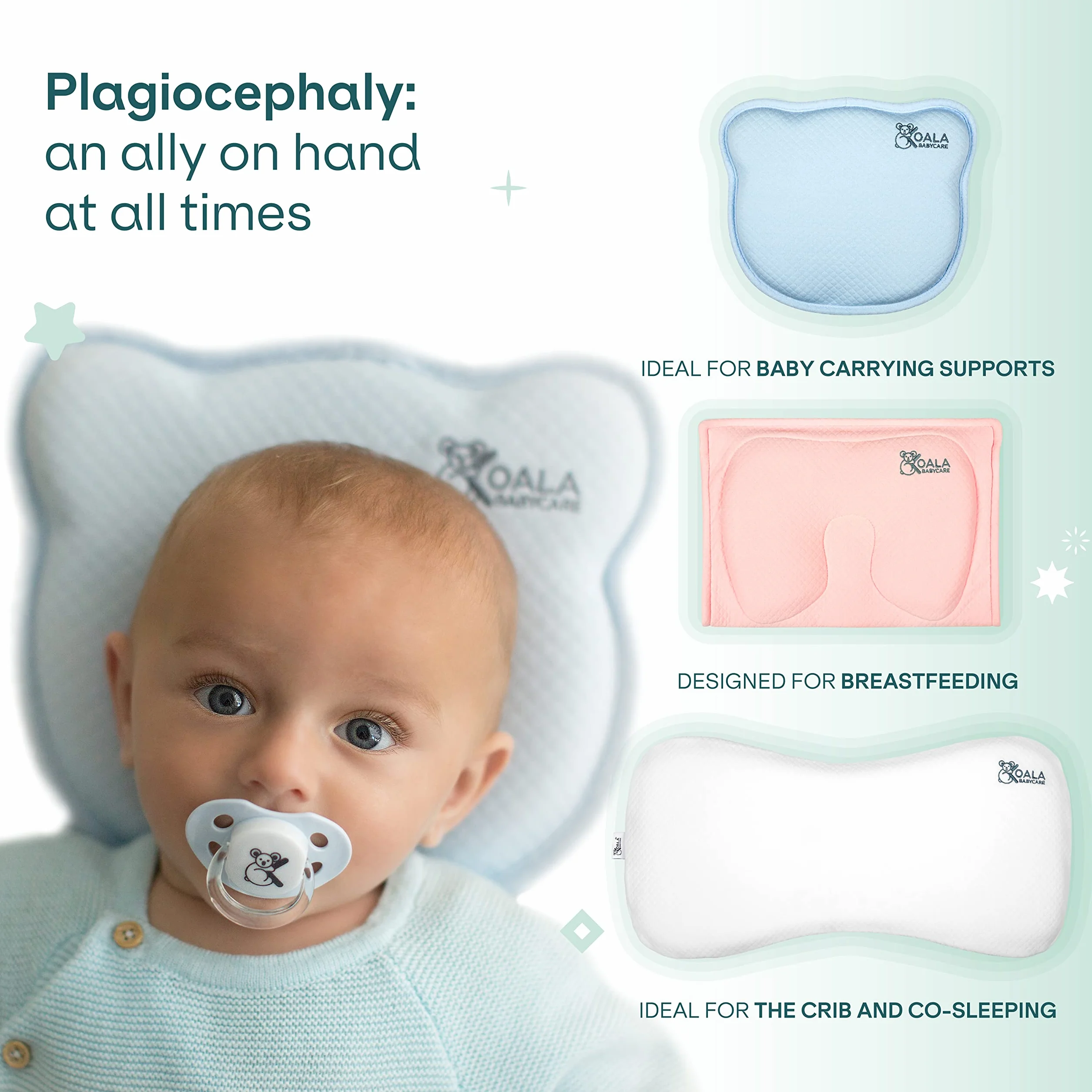 KOALA BABYCARE Poduszka ciążowa z pamięcią kształtu, pomagająca w leczeniu i zapobieganiu plagiocefalii (płaska głowa), zdejmowana (z 2 pokrowcami), Koala Perfect Head Breastfeeding - Biała