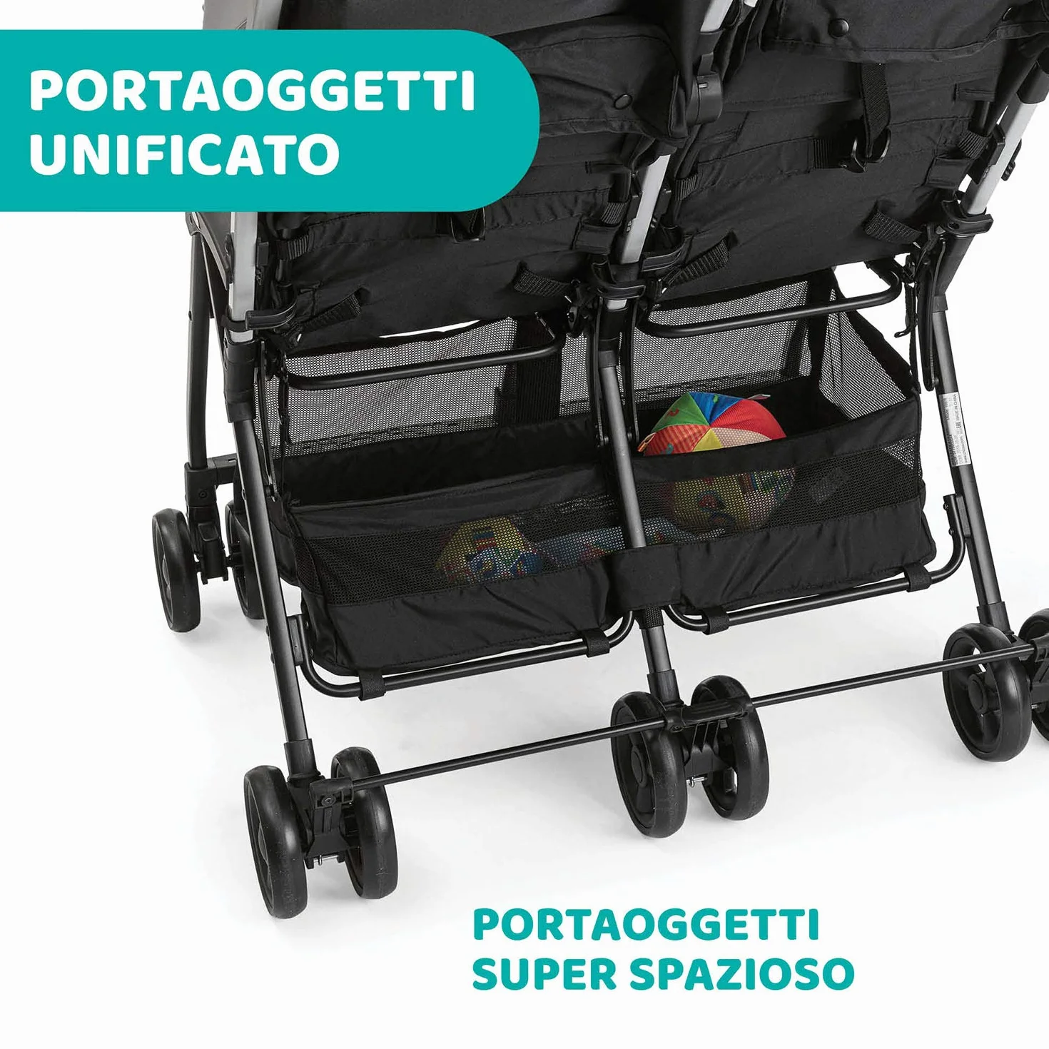 Chicco OHlalà Twin Podwójny Wózek Spacerowy od Urodzenia do 15 kg dla Bliźniaków i Rodzeństwa, Lekki Rozkładany i Składany Wózek, Kompaktowy po Złożeniu, Okrycie Przeciwdeszczowe i Powiększana Budka