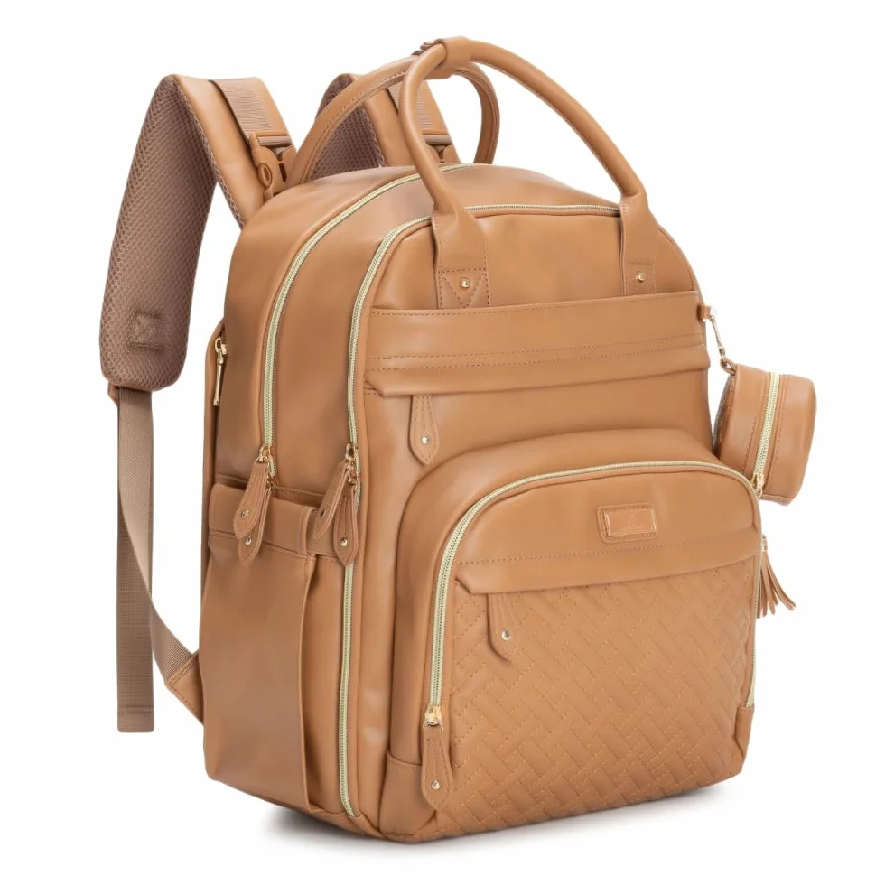 BabbleRoo Leather Diaper Bag Backpack - Baby Essentials Travel Baby Bag, Multi function, Waterproof, with Changing Pad, Stroller Straps & Pacifier Case – Unisex, Light Brown