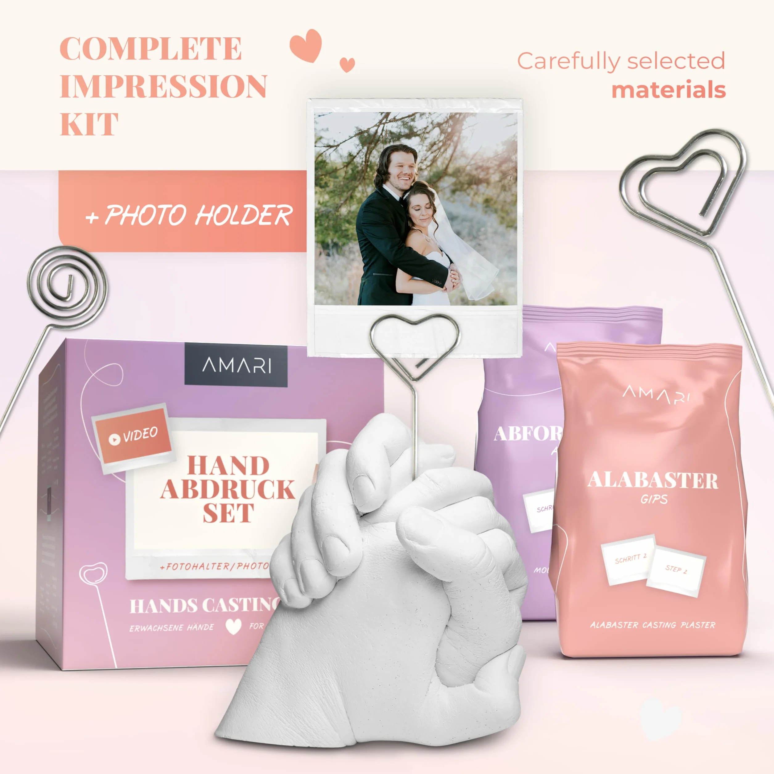 Amari® Zestaw odcisków dłoni dla par i rodzin (zdjęcie) – zestaw do wykonania odcisków dłoni z gipsu – prezent z odciskiem dłoni dla par, prezent ślubny, prezent na rocznicę, prezent dla partnerów
