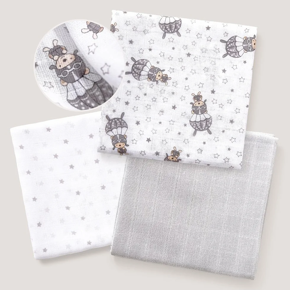 Interbaby Muślin Bawełna dla niemowląt 80 x 80 cm | Zestaw 3 gaz dla noworodków, karmienia piersią, ręcznik, koc | Muśliny dla niemowląt Wygodne, miękkie, oddychające | Szary wzór spadochroniarza