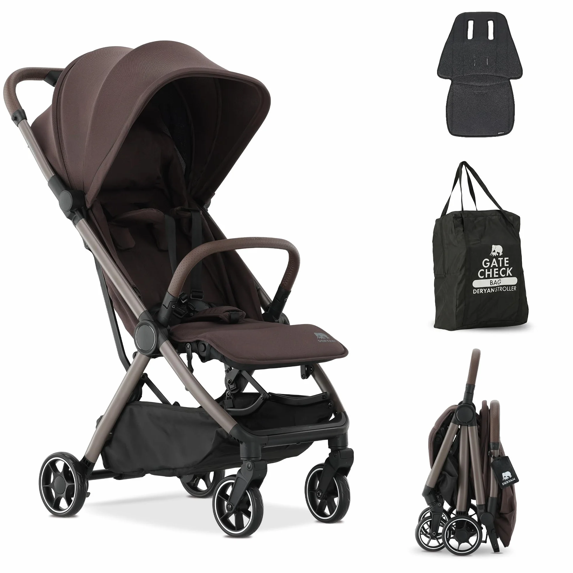 Deryan AIR Travel Buggy dla dzieci od urodzenia do 22 kg, 0-4 lata, z funkcją leżenia, ultralekki 8 kg, składany jedną ręką, UPF 50+, kosz do 5 kg (czekoladowy)