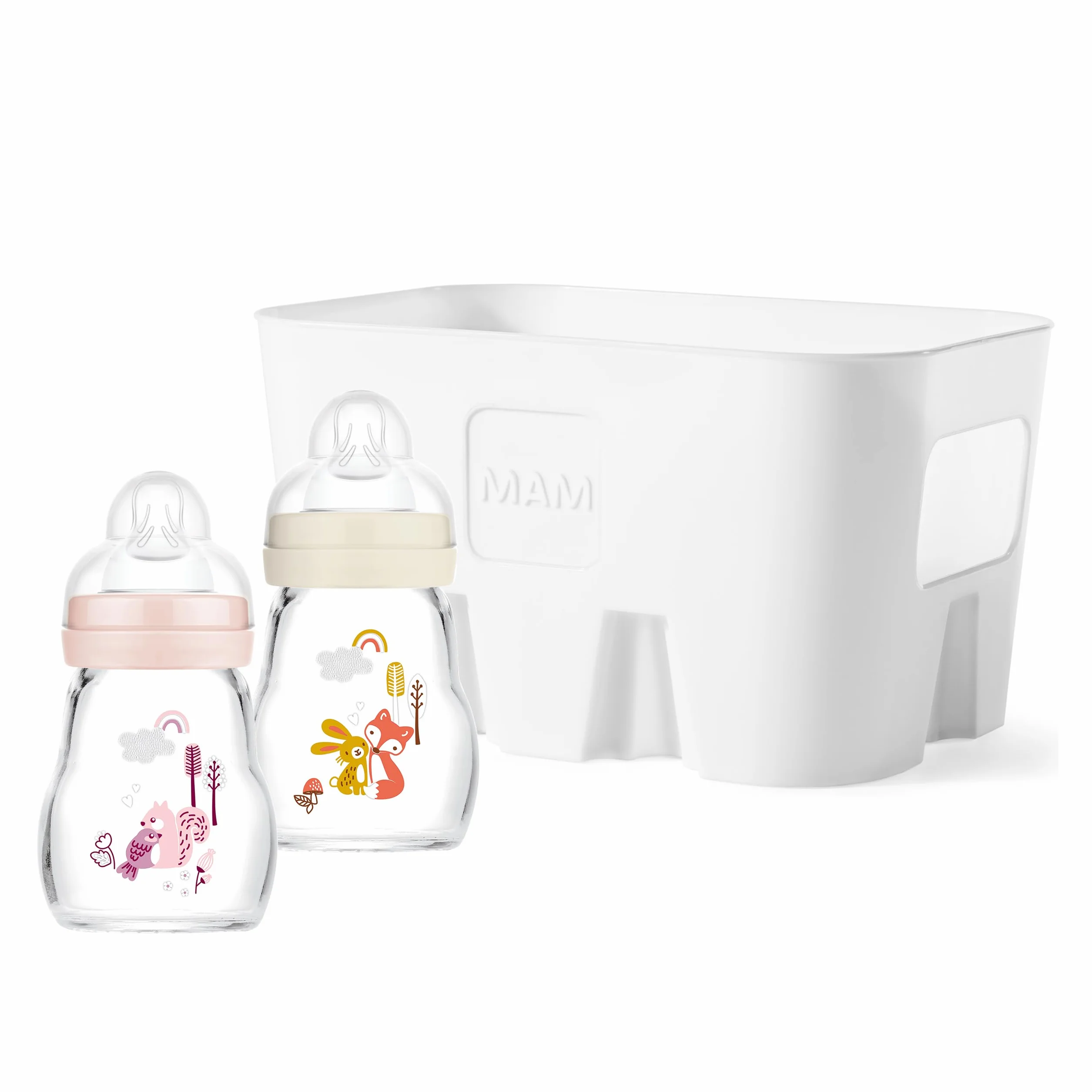 MAM Feel Good Combi Set, 2 x butelka dla niemowląt ze szkła (170 ml), pierwsze wyposażenie dla niemowląt z przyssawką rozm. 1 i kosz na butelki, zestaw upominkowy dla niemowląt, od narodzin,