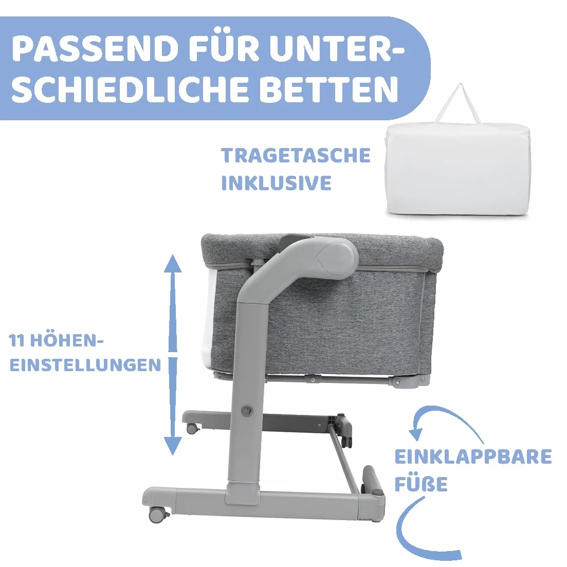 Chicco Next2Me Magic Evo Łóżko boczne łóżeczka dziecięcego z trybem huśtania, odchylanym oparciem, 11 poziomami wysokości, regulowaną wysokością, 4 kółkami, z materacem i torbą podróżną, ciemnoszary