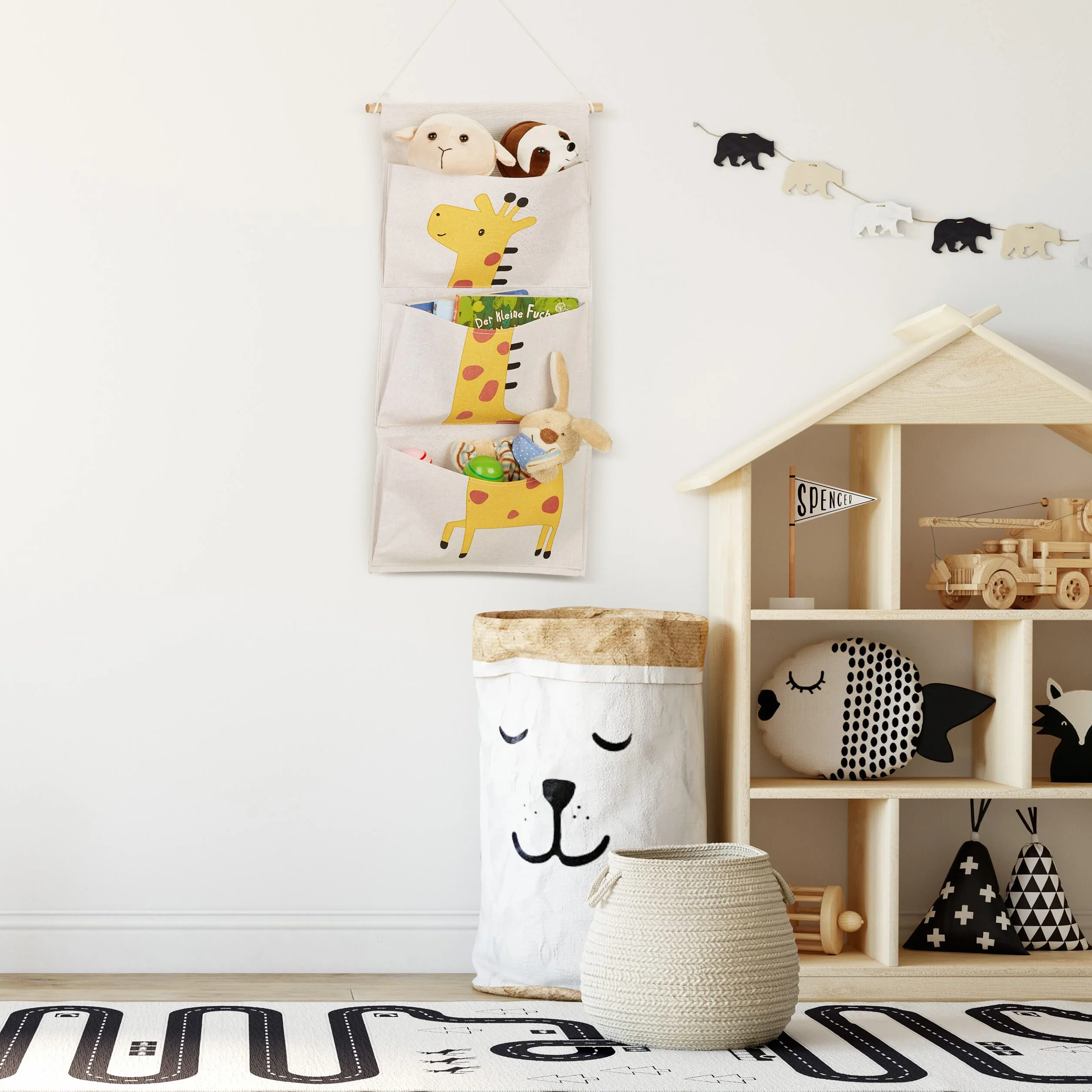 Relaxdays Organizer wiszący dla dzieci motyw żyrafy 3 przegródki 82 x 33,5 cm