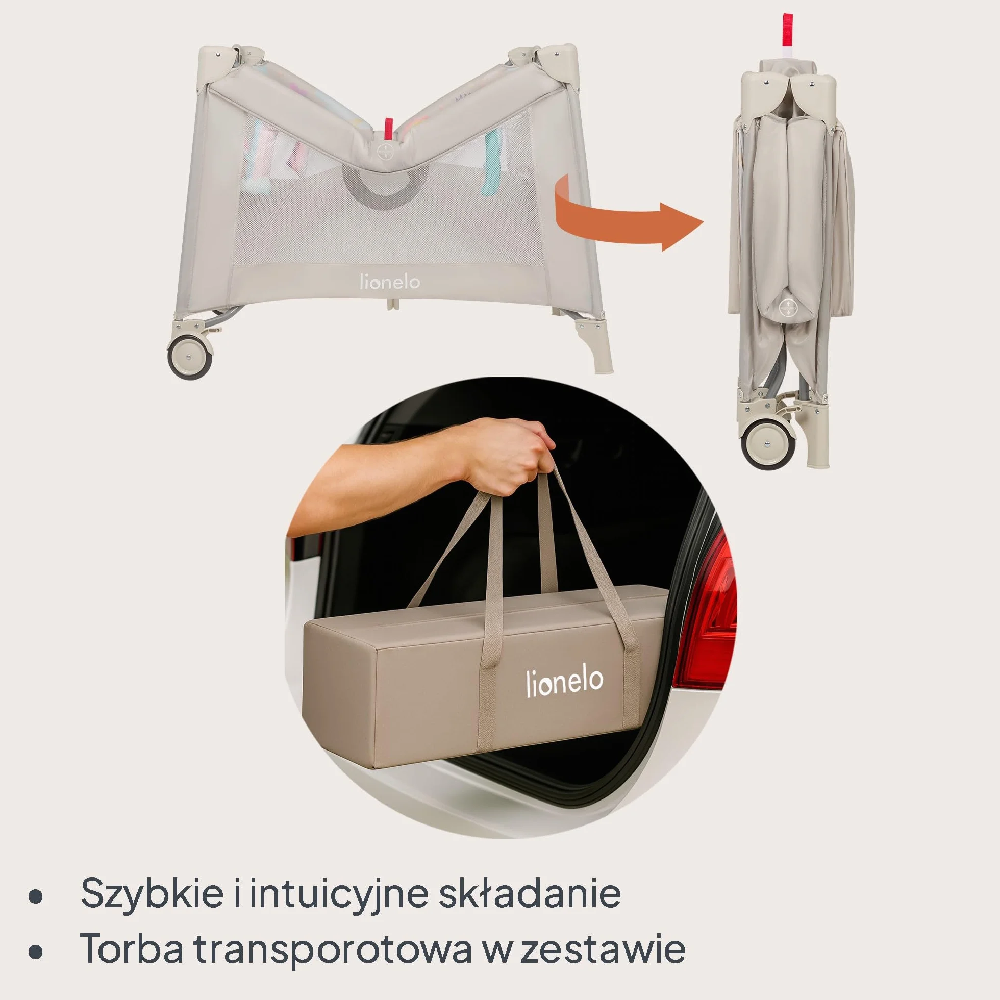 LIONELO Kojec dziecięcy 2 w 1 Łóżeczko Turystyczne Podróżne MILLE PLUS do 15 kg 0-36 miesięcy, Boczne Wejście, Materac 3D, 2 Koła z Hamulcem Łatwe Składanie, Torba Transportowa