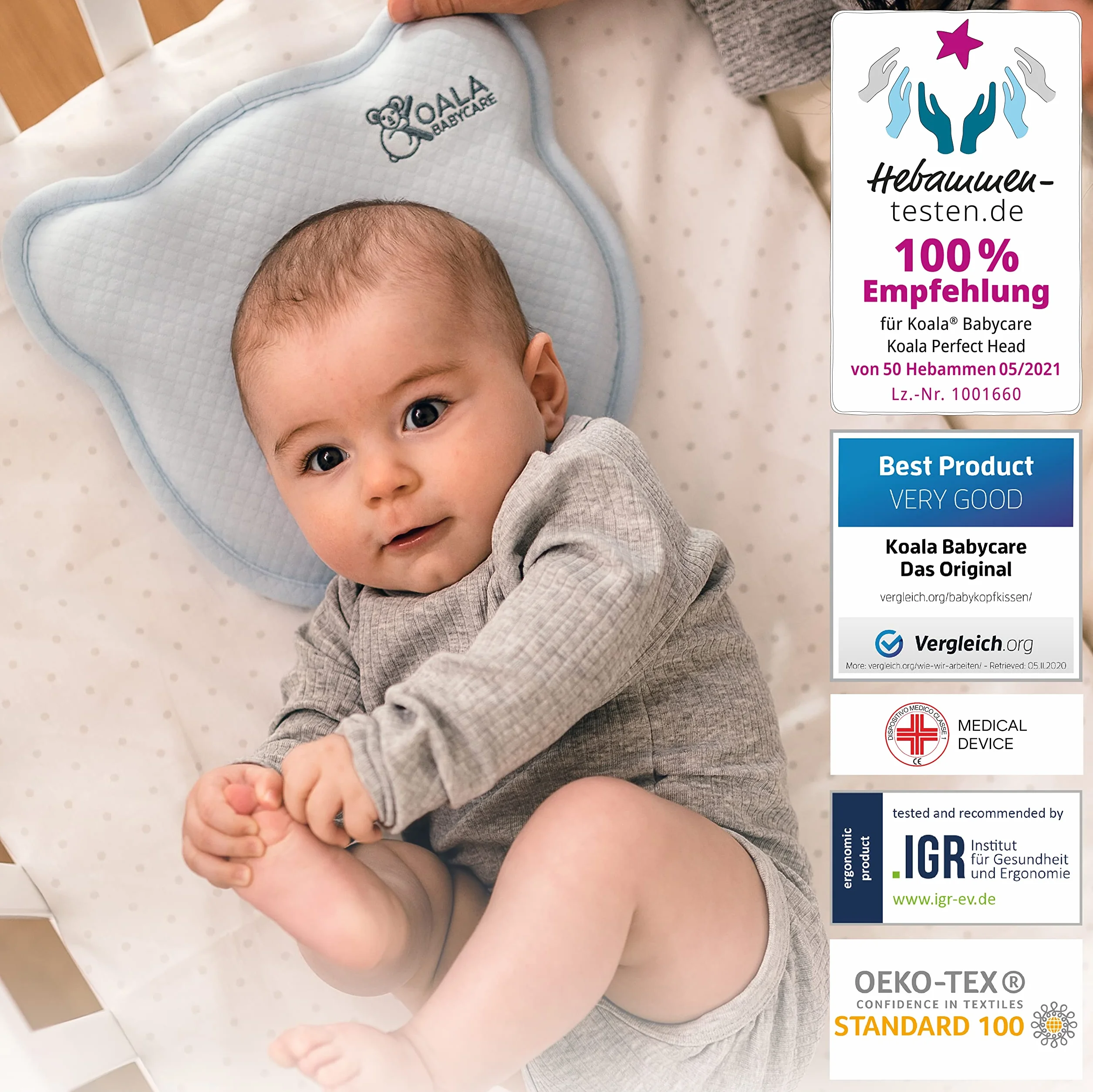 Plagiocephaly, poduszka dla niemowląt z dwoma zdejmowanymi poszewkami ,do zapobiegania i leczenia zespołu płaskiej głowy, w kształcie pianki z pamięcią kształtu, KoalaBabycare®, idealna głowa, niebieska
