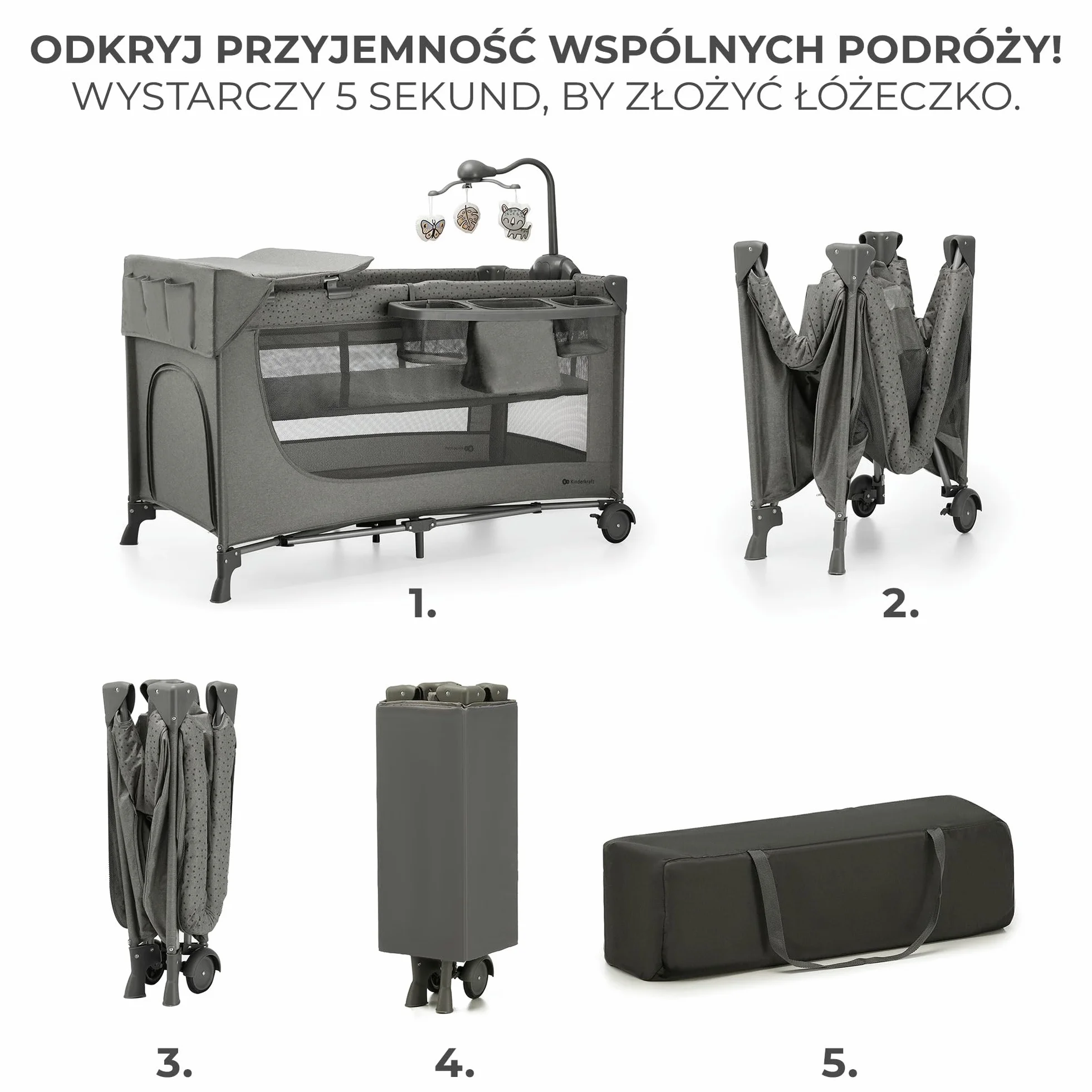 Kinderkraft JOY ACC 2 Łóżeczko turystyczne 3 w 1, Boczne wejście, Szybkie składanie i rozkładanie, Zabezpieczenie przed złożeniem, Kółka i torba ułatwiające transport, Pałąk z zabawkami, Szary