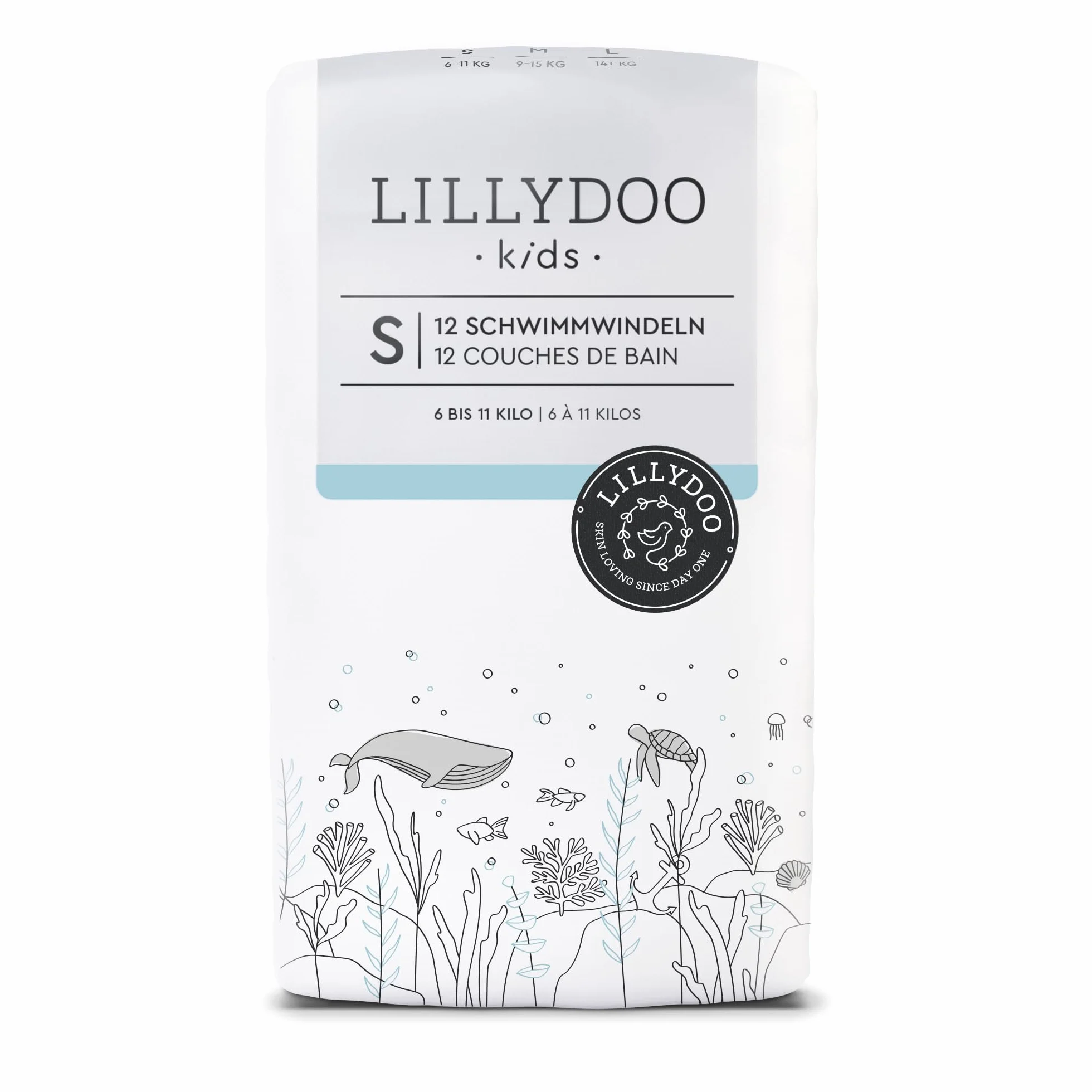 LILLYDOO Przyjazne dla skóry pieluchy do pływania dla niemowląt, rozmiar S (6-11 kg), 3 opakowania (36 sztuk) z 2 stylowymi wzorami