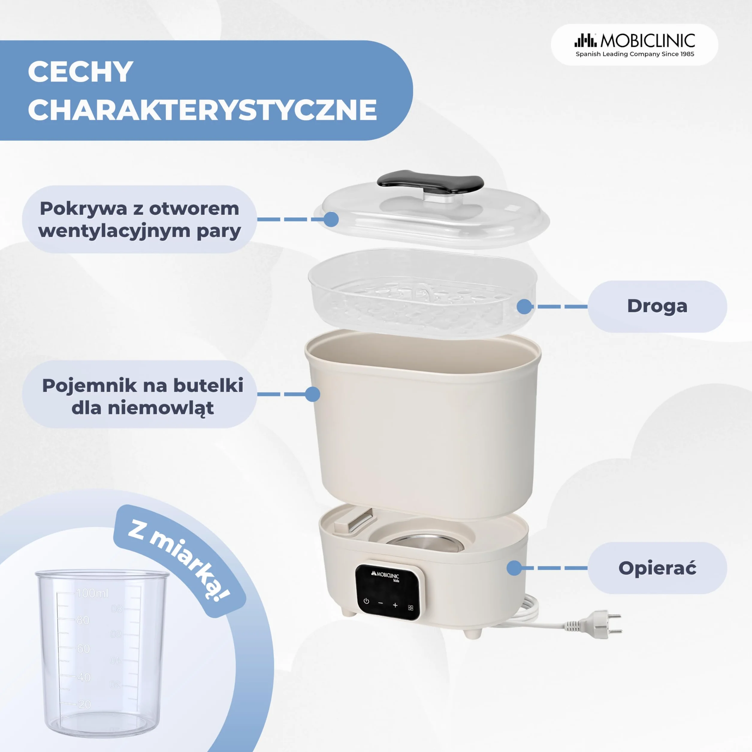 Mobiclinic®, Sterylizator do Butelek, 4 w 1, Tot 6 Flessen, Suszy, Utrzymuje Temperaturę, Tryb Automatyczny, Smoczków i Laktatorów, Ekran LCD, Kompaktowy, Mobibi