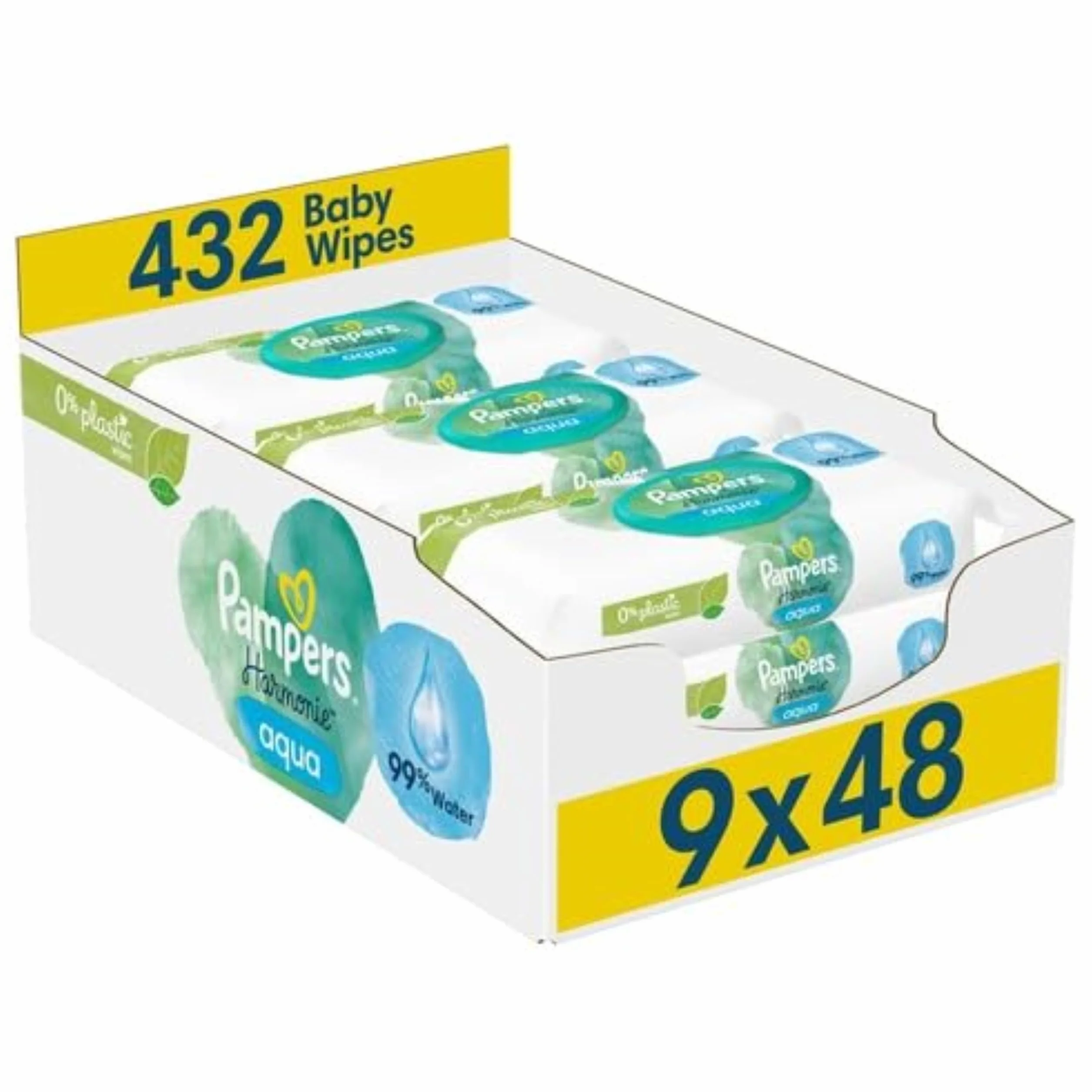 Pampers Chusteczki nawilżające dla niemowląt Harmonie, Aqua, 432 chusteczki (9 x 48), delikatna ochrona skóry dla delikatnej skóry z 99% wody