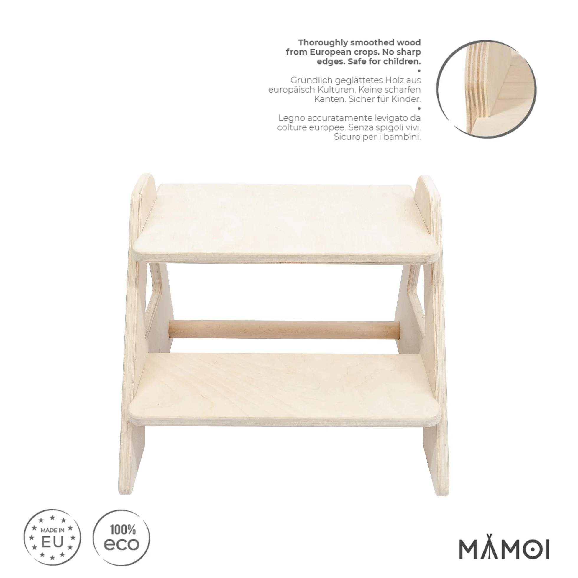 MAMOI® Dziecięcy stołek dwustopniowy z naturalnego drewna | Nowoczesny Design stołka dla dzieci | Bezpieczny i uniwersalny stołek dziecięcy 2 stopnie 100% ECO | Wyprodukowano w UE