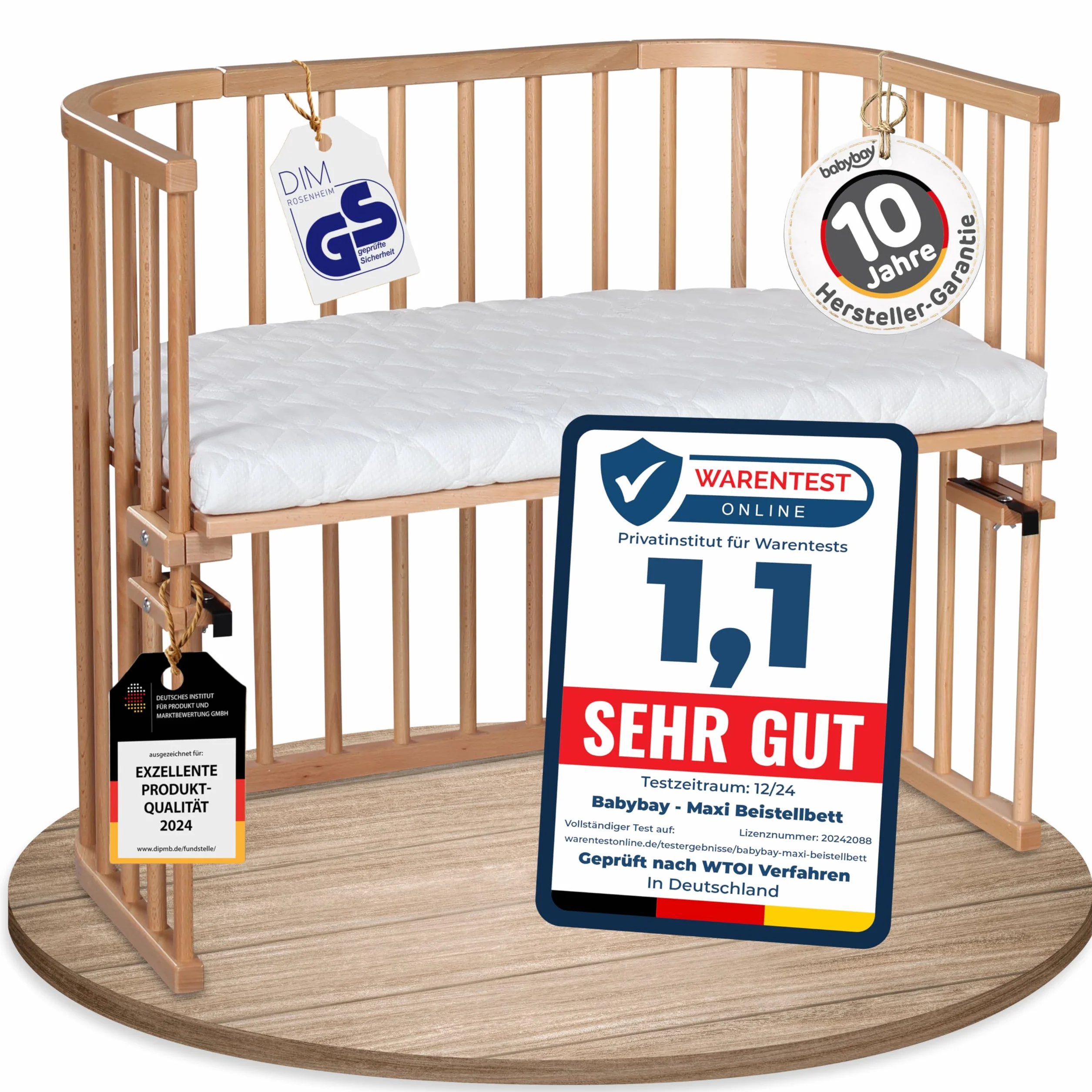 babybay Maxi bardzo duże łóżko dostawne z litego drewna bukowego/łóżko dziecięce, wysokość regulowana bezstopniowo i przyjazne dla środowiska, z materacem Classic Soft (naturalne lakierowanie)