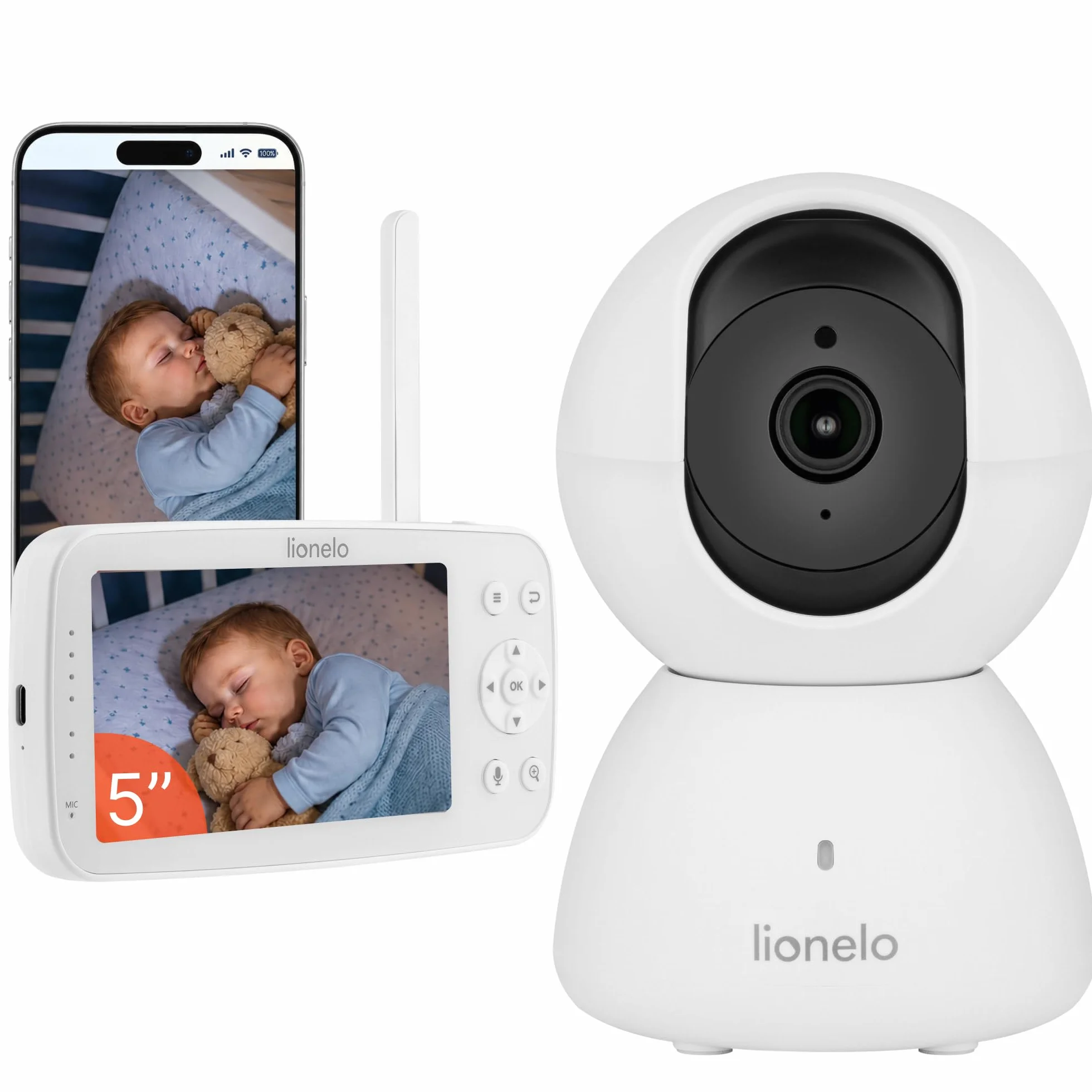 Lionelo Babyline 8.4 elektroniczna niania z kamerą i aplikacją, monitor wideo dla niemowląt z 5-calowym wyświetlaczem, Full HD 1080p, widoczność w nocy, wykrywanie ruchu i pisania, 2-drożne audio