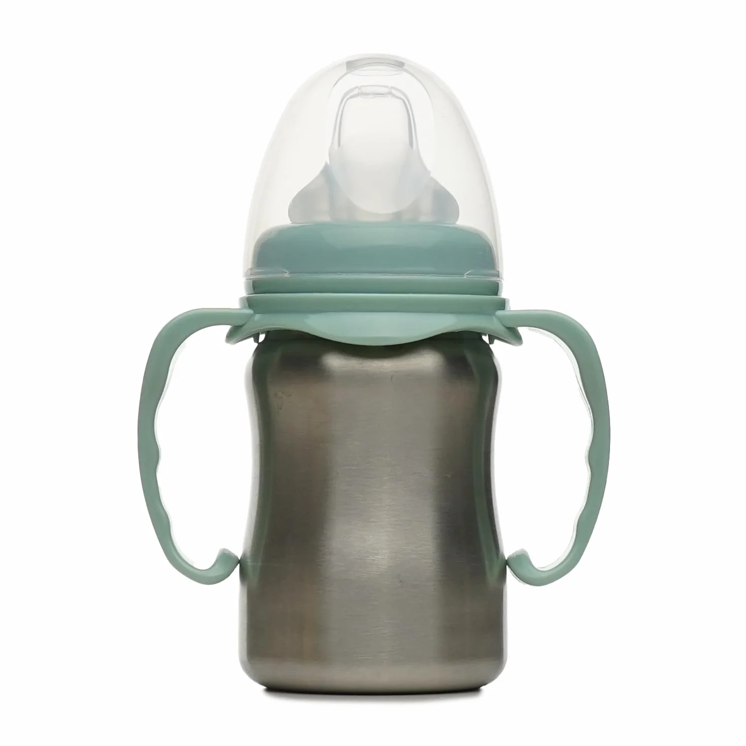 THERMOBABY - Kubek ze stali nierdzewnej dla niemowląt z uchwytami i silikonowym smoczkiem - zapobiegający przeciekaniu - 180 ml - łatwy do czyszczenia - trwały - idealny do pracy dziecka - zielony