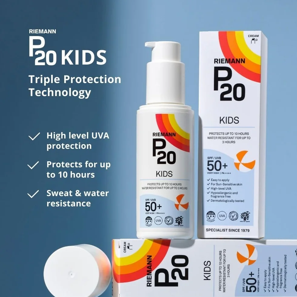 Riemann P20 Krem przeciwsłoneczny dla dzieci, SPF50+, 200 ml, długotrwała ochrona do 10 godzin, wodoodporny do 3 godzin, odpowiedni dla dzieci od 1 roku