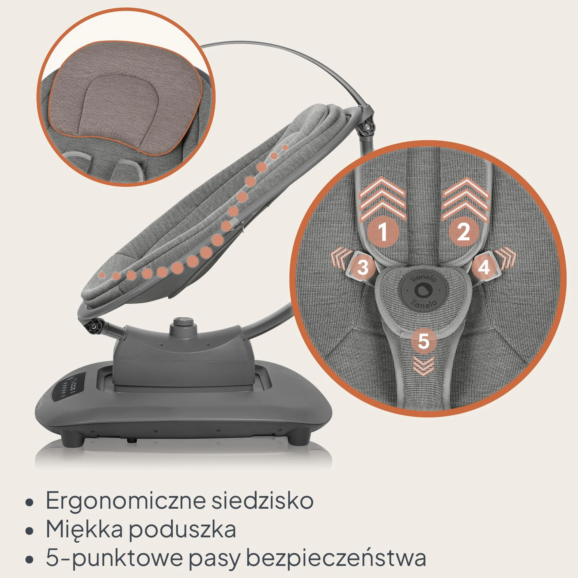 LIONELO BLOSSOM Elektryczny Bujaczek Niemowlęcy do 9 kg Leżaczek dla Dzieci Regulacja Oparcia Naturalne Kołysanie 5 Prędkości Ergonomiczne Siedzisko Bluetooth Pilot, 5 Melodii
