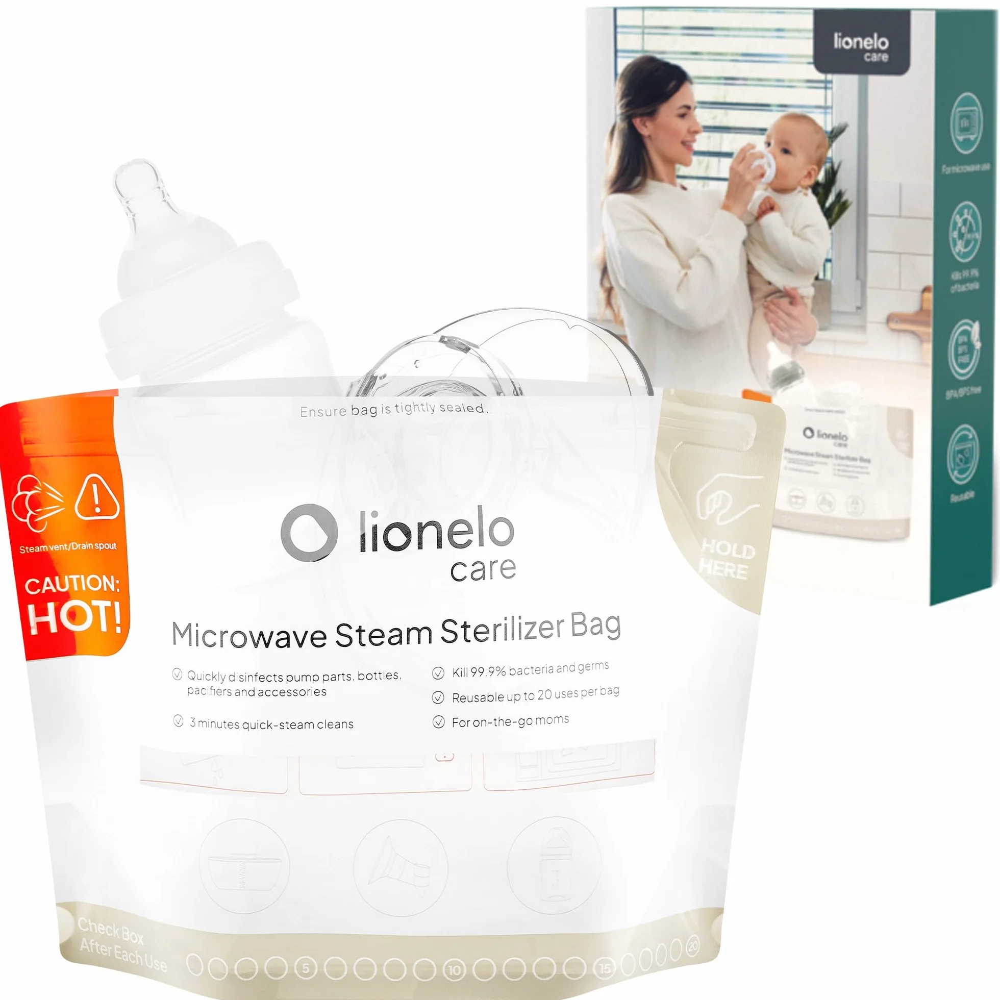 Lionelo Torebki do Sterylizacji Parowej ThermBag do Mikrofalówki, Sterylizator do Butelek dla Niemowląt, Smoczków, Laktatora, Podróżny, Woreczki 16 szt. Wielorazowe