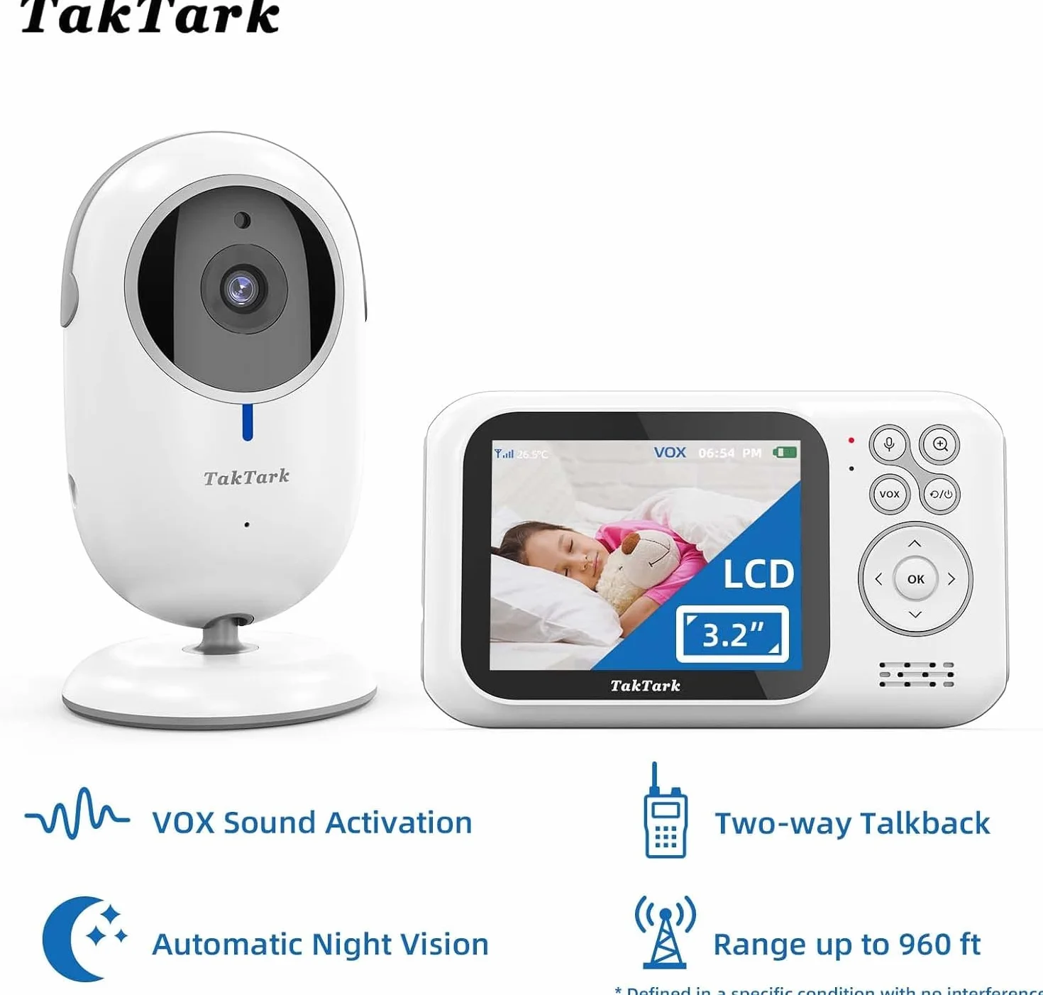 TakTark Babyphone Aparat Wideo Babyphone 3,2'' LCD Baby Phone Wireless Camera, Wideofon dziecięcy, Dwukierunkowy monitoring komunikacji, VOX, noktowizor, Zoom cyfrowy