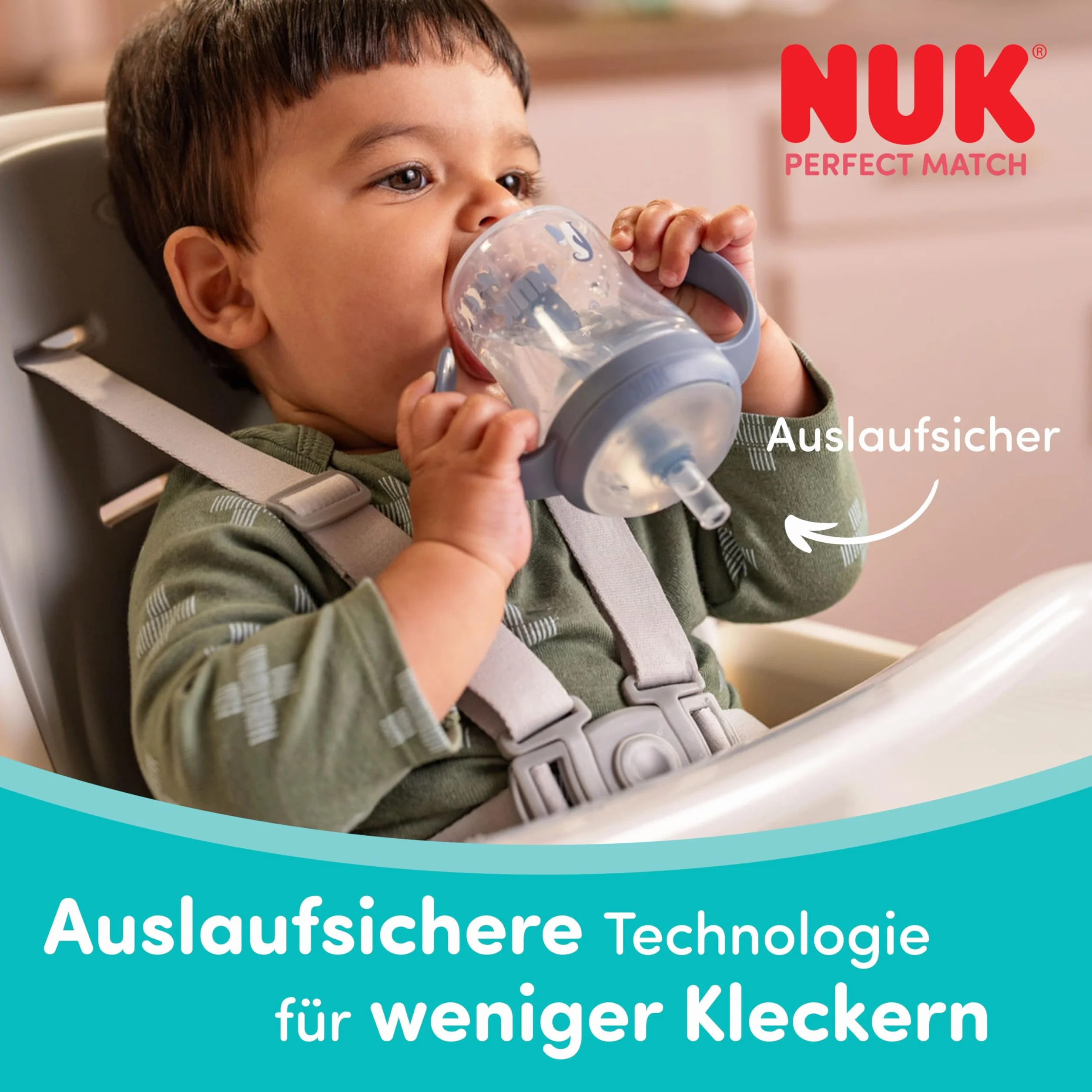 NUK Perfect Match Learner Butelka ze słomką | 8+ miesięcy | 150 ml | Nieprzeciekająca kubek ze słomką dla niemowląt | Antypoślizgowe uchwyty | Pingwin | 1 sztuka