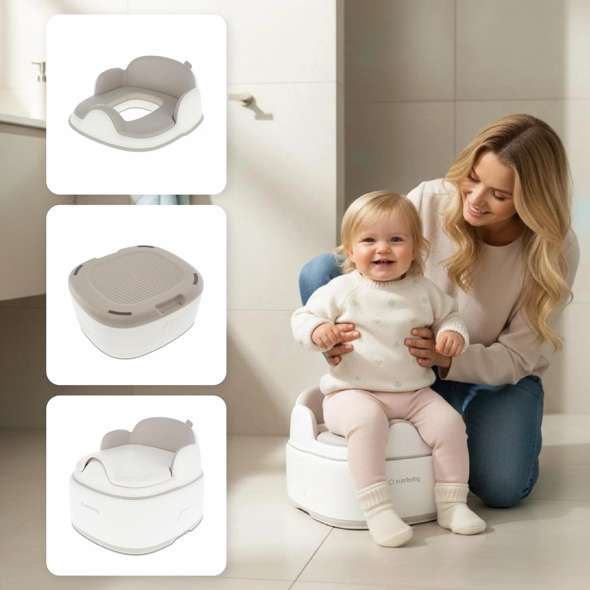 sun baby Nocnik dla dzieci 1-6 lat - nakładka na toaletę, podnóżek - antypoślizgowa baza, miękkie siedzisko, wysokie oparcie, higieniczna pokrywka - Biały-Szary