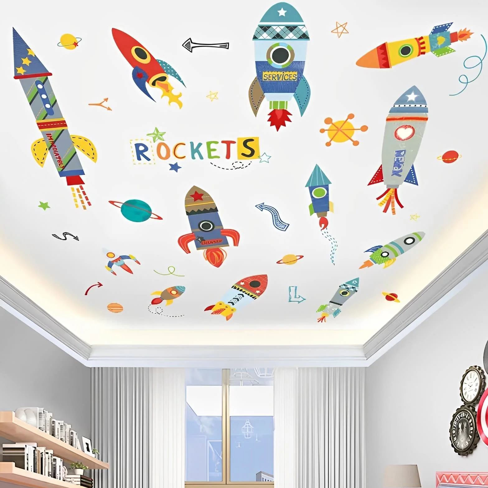 WandSticker4U® - XXL Tatuaż ścienny RAKETE Dzieci I Obrazy ścienne: 85 x 140 cm I Naklejka ścienna Pokój dziecięcy Chłopiec Kosmos Planety Naklejki Gwiazdy Statek Kosmiczny Kolorowy I Dekoracja