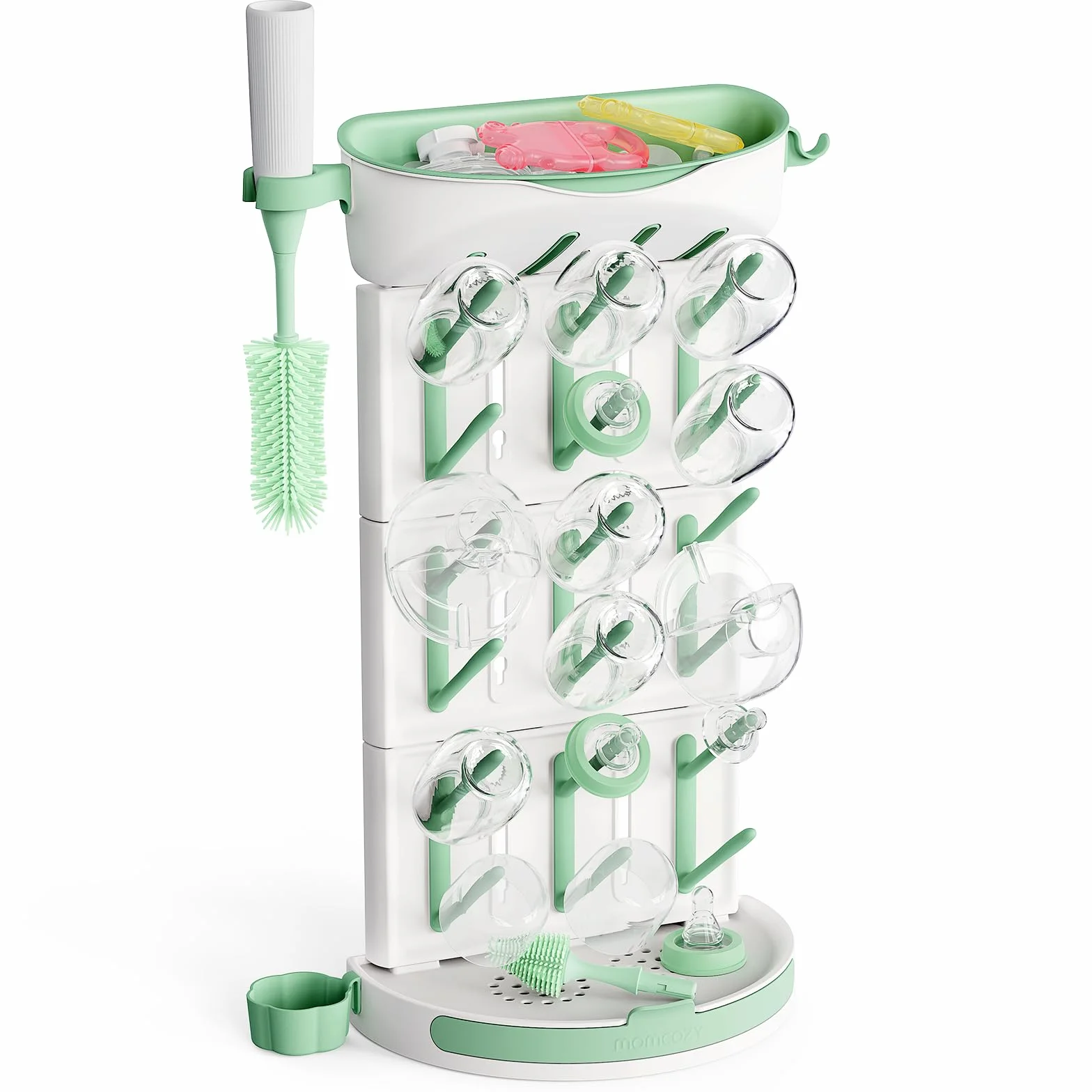 momcozy Premium stojak do suszenia butelek dla niemowląt – pionowy uchwyt na butelki dla 18 butelek i akcesoriów do karmienia | z zestawem podróżnym i uchwytem na szczotkę (37 x 17 x 54 cm)
