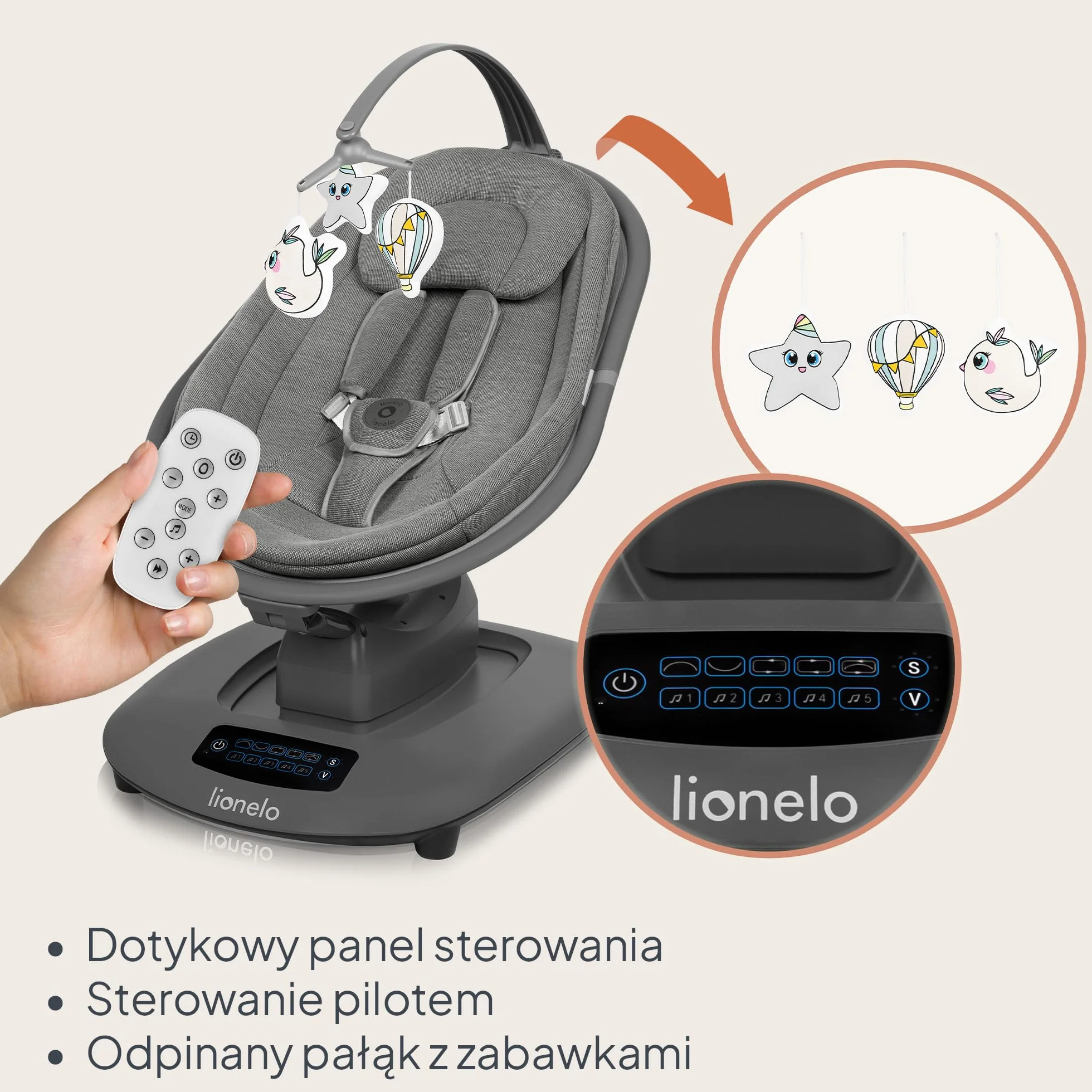 LIONELO BLOSSOM Elektryczny Bujaczek Niemowlęcy do 9 kg Leżaczek dla Dzieci Regulacja Oparcia Naturalne Kołysanie 5 Prędkości Ergonomiczne Siedzisko Bluetooth Pilot, 5 Melodii