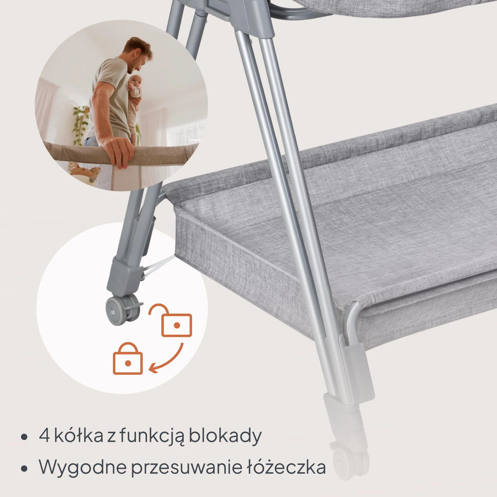 LIONELO Luna przenośne łóżeczko dostawne z materacykiem, co-sleeping, od noworodka do 9 kg. Regulowana wysokość i pochył, 4 kółka z blokadą, mocowanie do łóżka rodziców, przewiewne