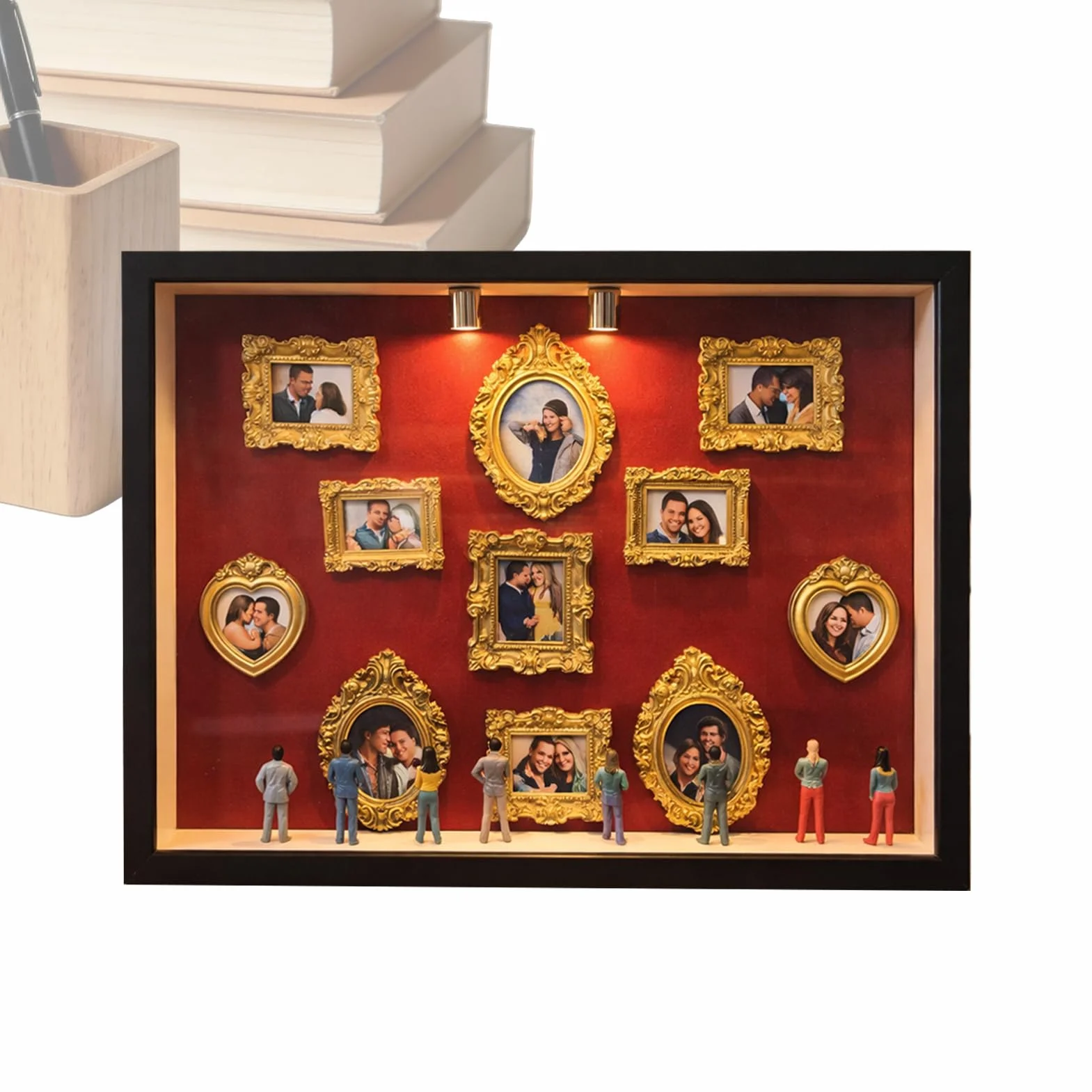 Mini muzeum DIY ramka zdj?cia, zestaw 11 z?otych mini ramek, 8 przypadkowych figurek, ?wiat?o LED rocznic?, wesele i do dekoracji, 22,7 x 31,4 x 3,7 cm, Czarna