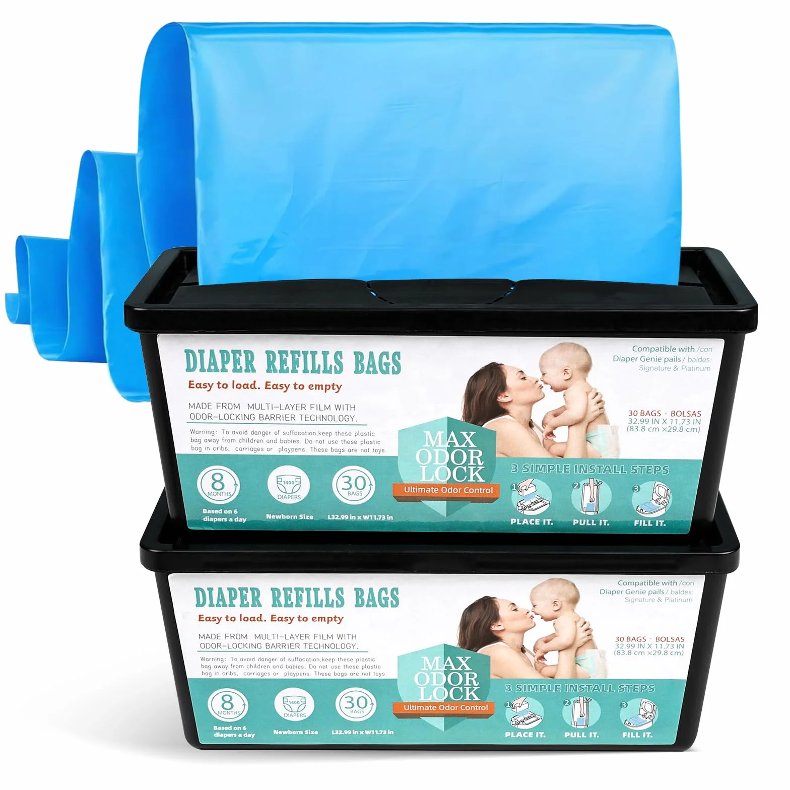 FLYISH DIRECT Wkłady do kosza na pieluchy, kontrola zapachu, 60 worków na pieluchy, worki na pieluchy kompatybilne z Diaper Genie Signature & Platinum, mieści do 2800 pieluszek