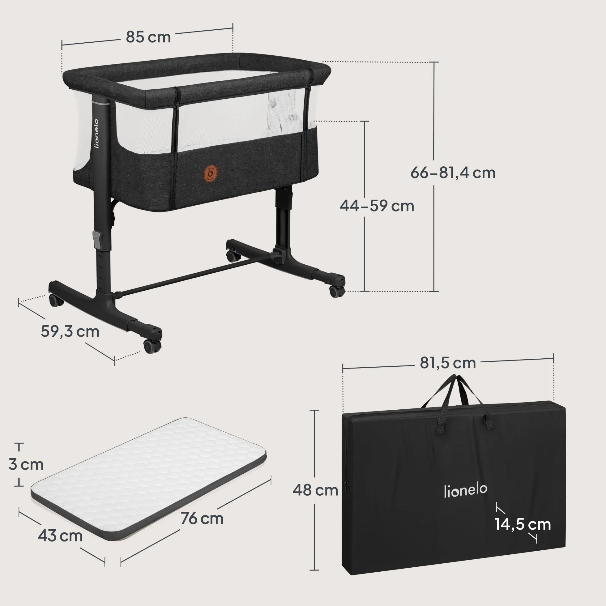 LIONELO Aurora 3 w 1 Łóżeczko Dziecięce do 9 kg, Łóżko Dostawne, Kołyska, Regulacja Wysokości oraz Kąta Nachylenia Materaca, 4 Kółka z Hamulcem Ergonomiczny Materac Torba (Grafitowy)