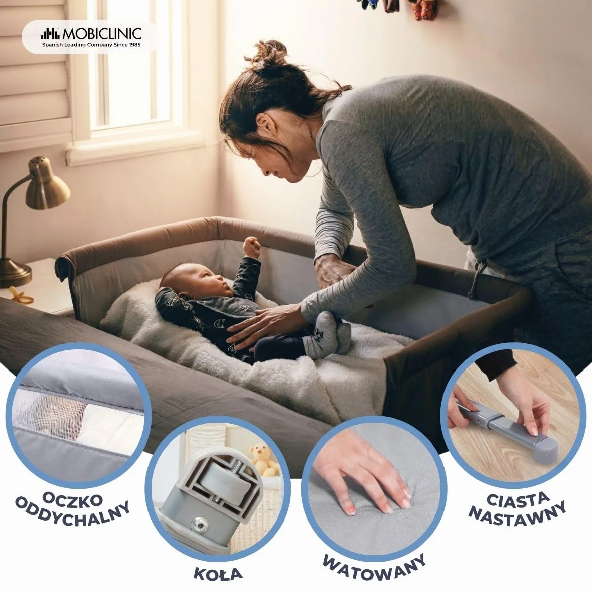Mobiclinic®, Kołyska do wspólnego snu, Niemowlę, 2 w 1, System Mocowania łóżka, Regulowana na 5 wysokości, Torba transportowa, Zestaw zawiera koł, Oddychająca siatka, Moon