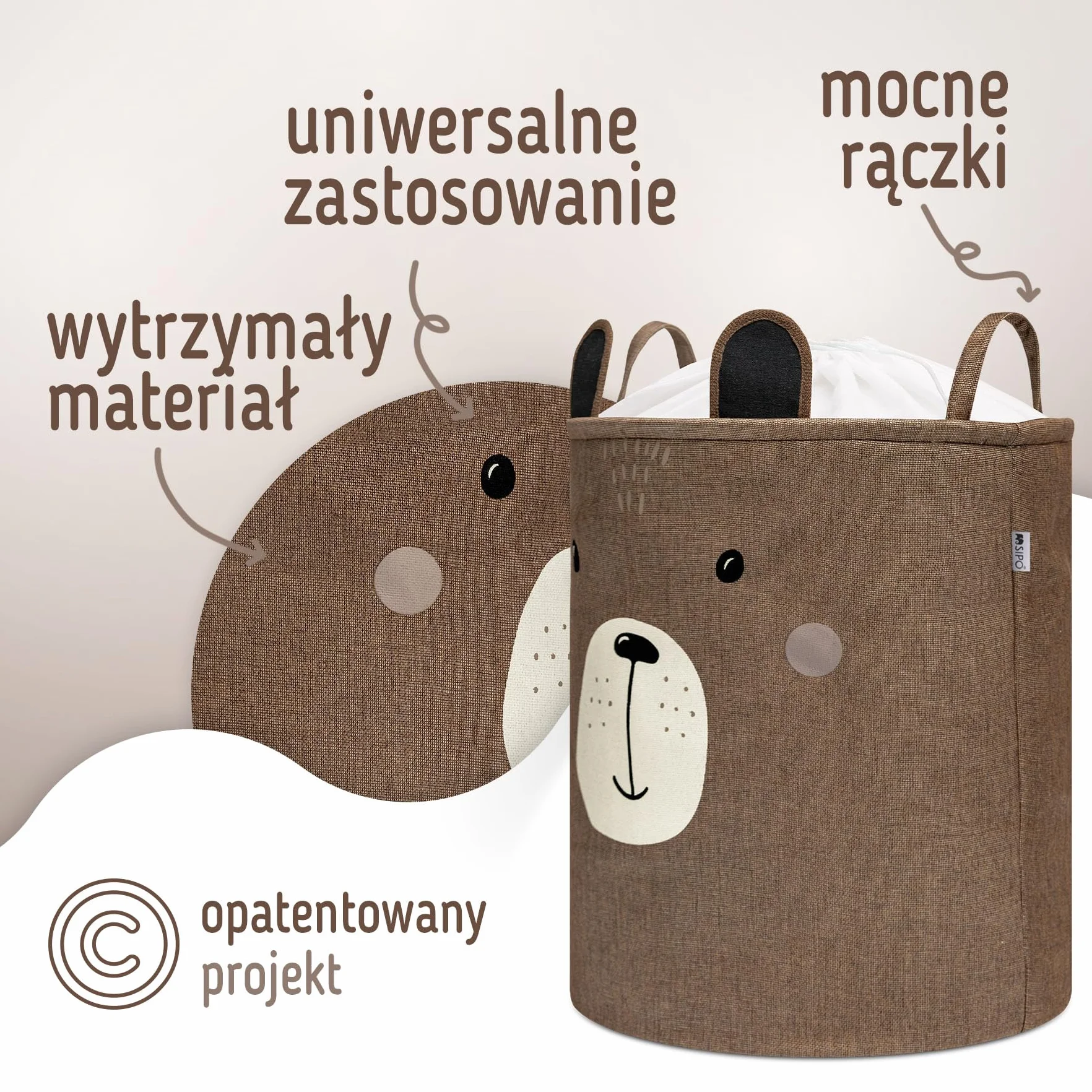 SIPO Kosz Do Przechowywania Na Zabawki Premium Duża Pojemność XXL 63L Brązowy Miś Składany Organizer Na Pluszaki Klocki Ze Ściągaczem Zamykany Uchwyty Do Przenoszenia Skandynawski Wygląd