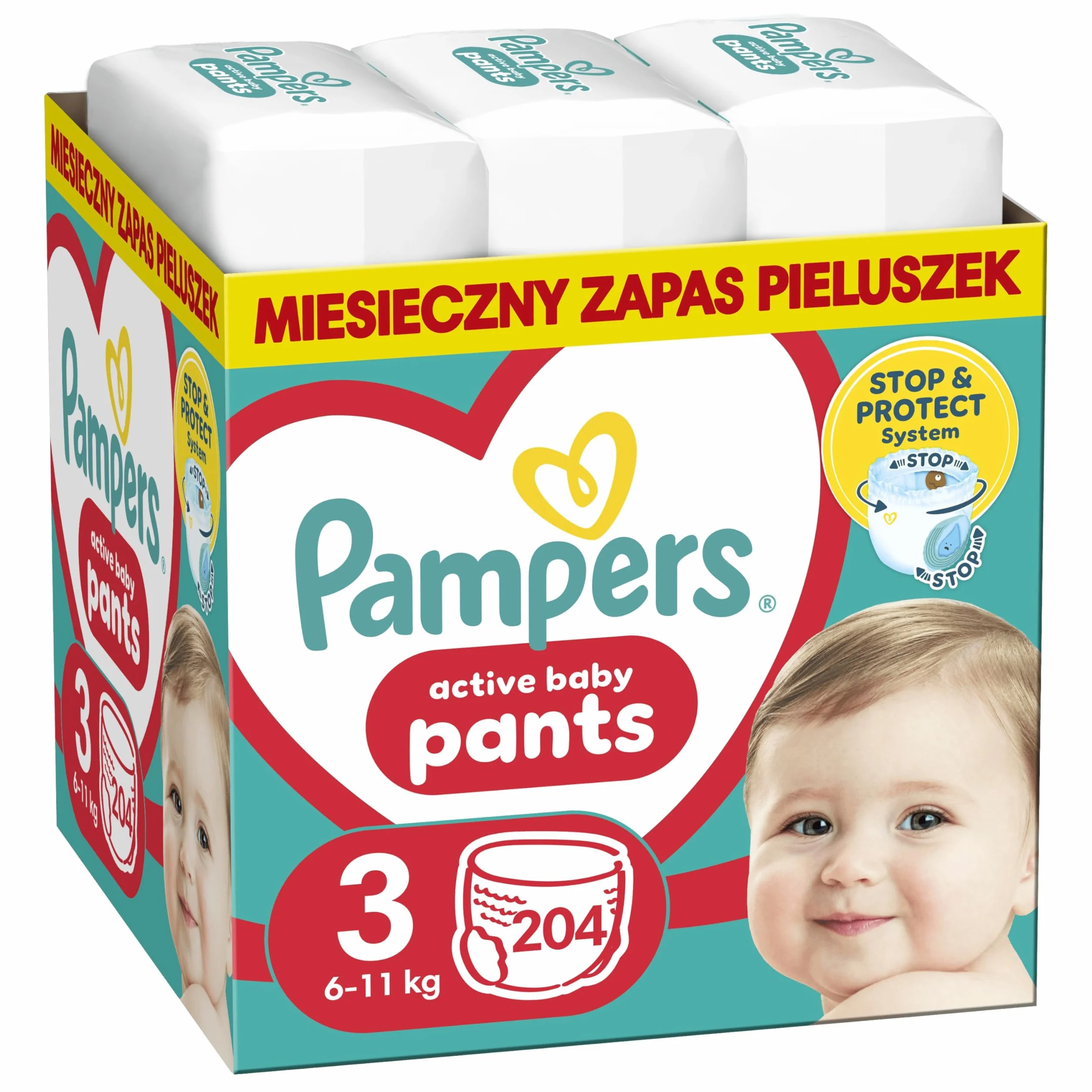 Pieluchomajtki Pampers Active Baby, rozmiar 3, pieluszki 204, 6kg-11kg