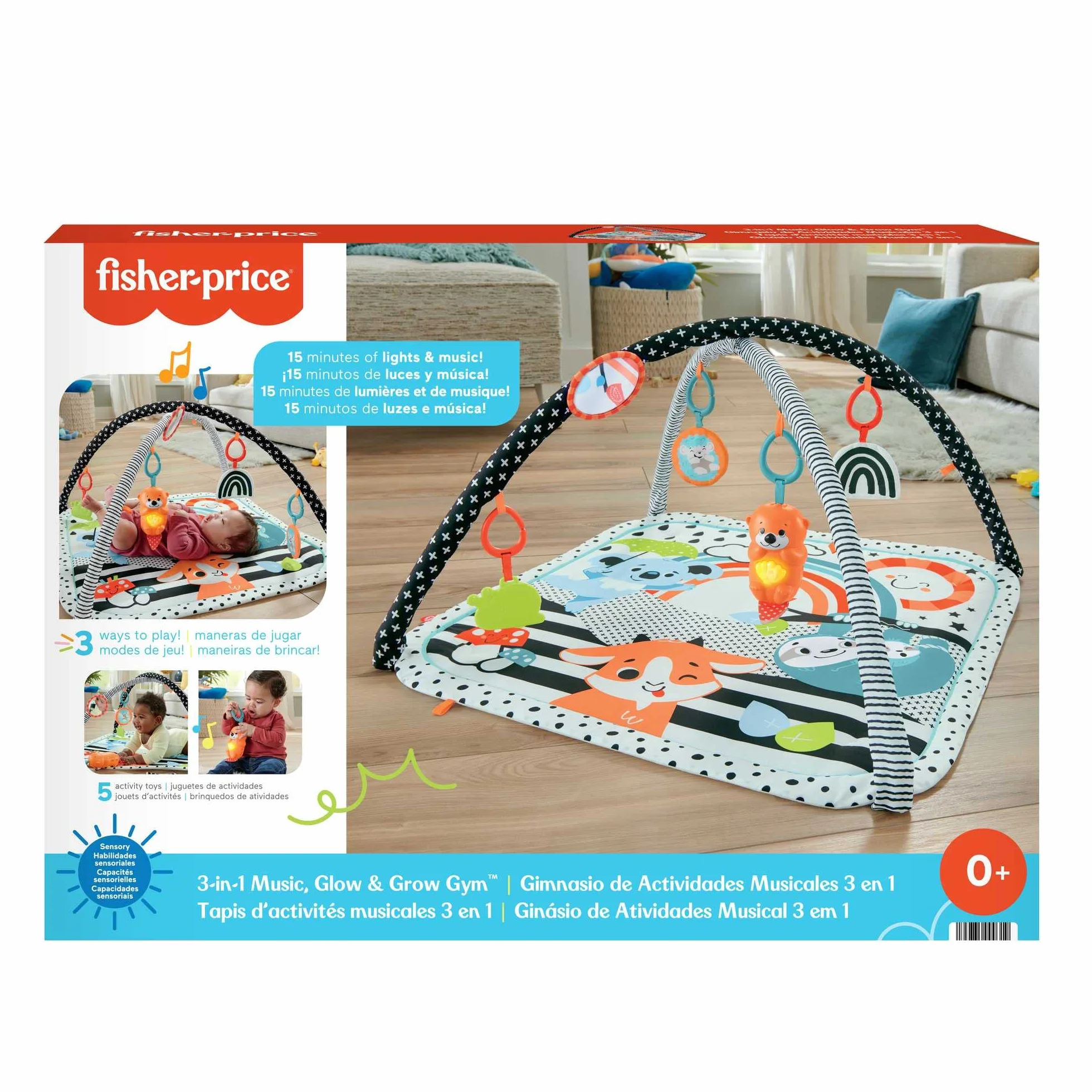 Fisher-Price Muzyczna mata edukacyjna 3 w 1 „Rośnij ze mną” ze światełkami i dźwiękami oraz do sensorycznej zabawy na pleckach i brzuszku, HPF39