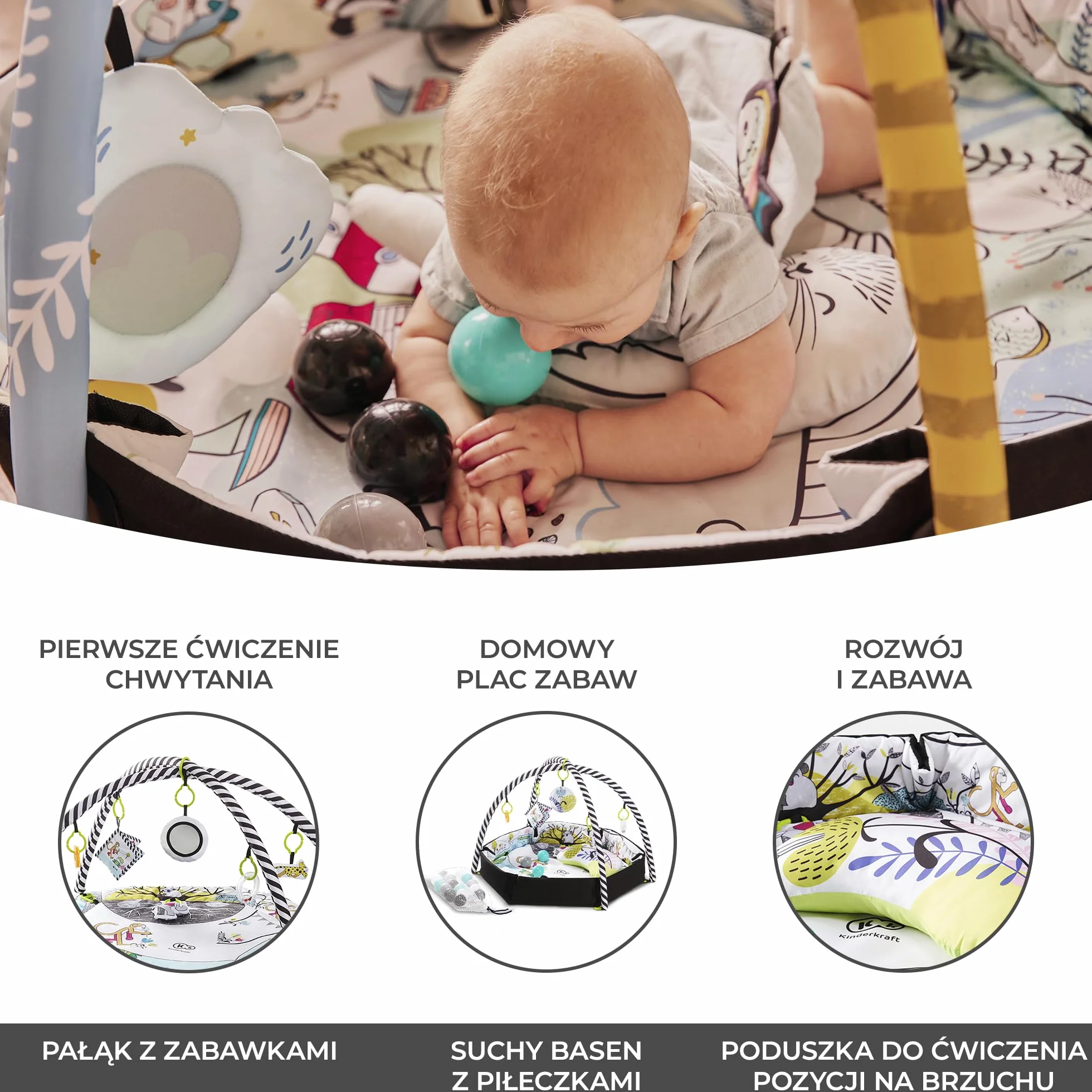 kk Kinderkraft Mata Edukacyjna SMARTPLAY, Interaktywna, Kontrastowe kolory, Funkcja suchego basenu, Regulowany pałąk z 7 zabawkami, 20 piłek, Poduszka, Wielokolorowy